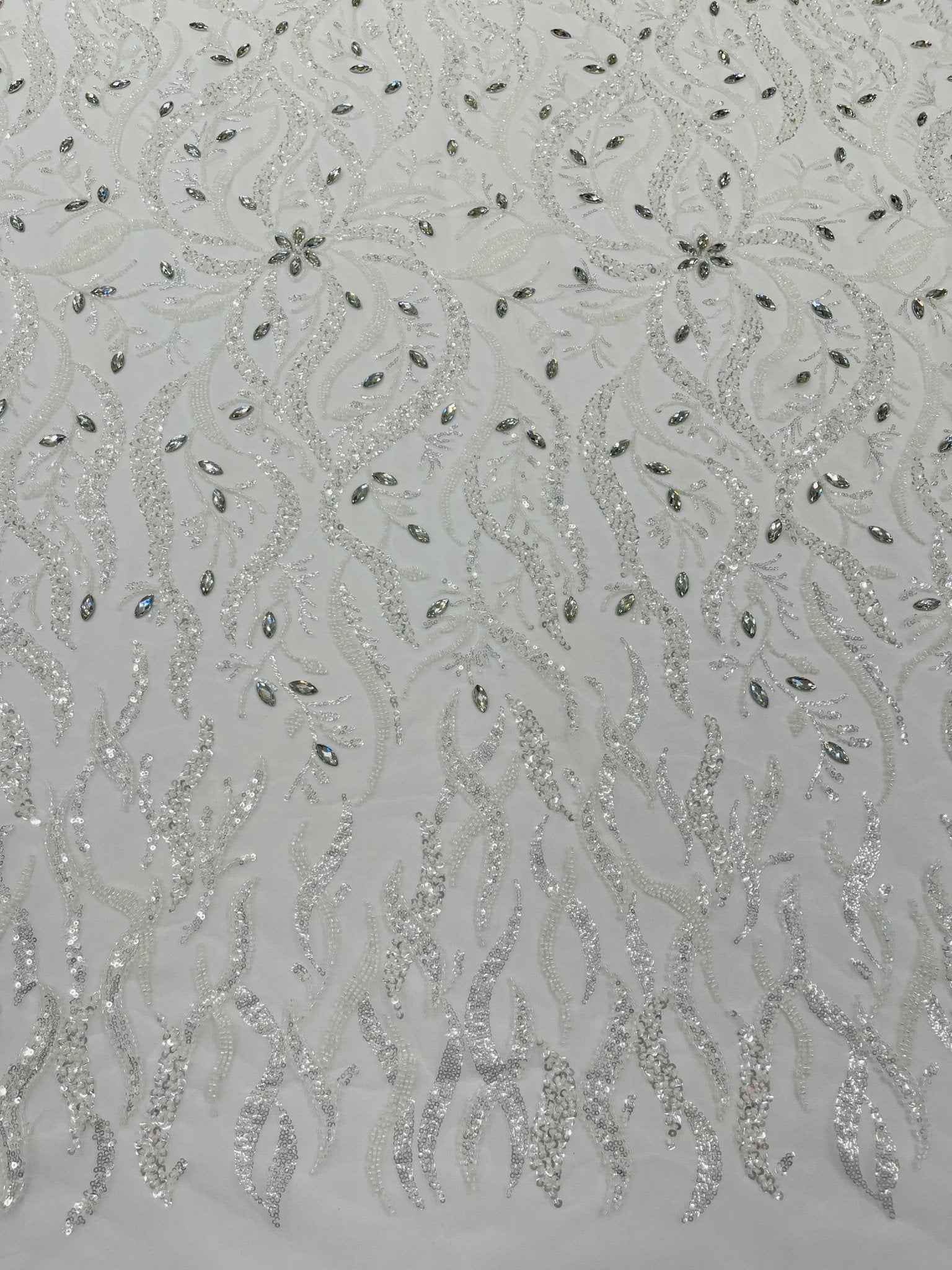 JEWEL VINE BEADED LACE ON MESH FABRIC (By The Yard) - New Creations Fabric & Foam Inc