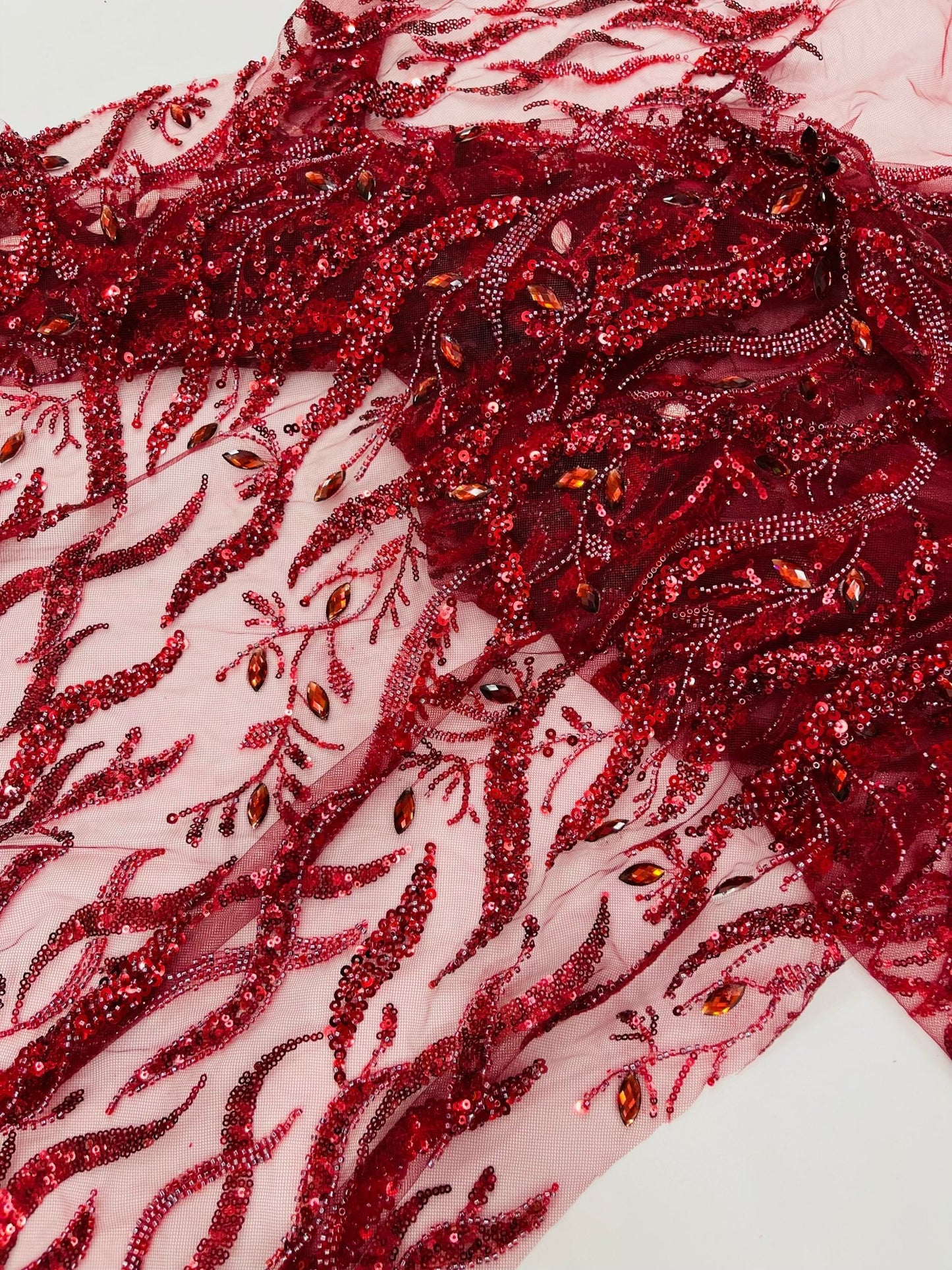 JEWEL VINE BEADED LACE ON MESH FABRIC (By The Yard) - New Creations Fabric & Foam Inc