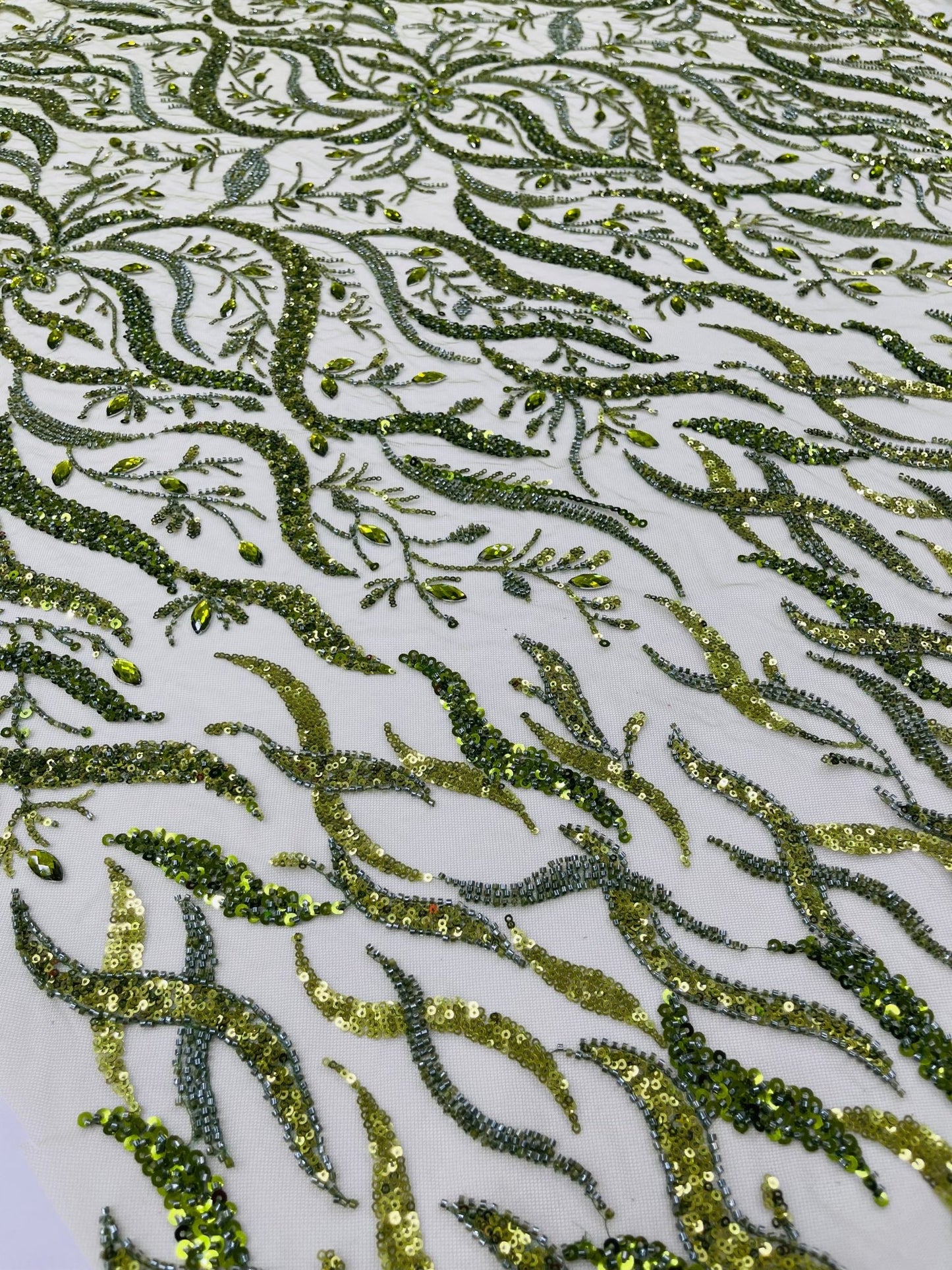 JEWEL VINE BEADED LACE ON MESH FABRIC (By The Yard) - New Creations Fabric & Foam Inc