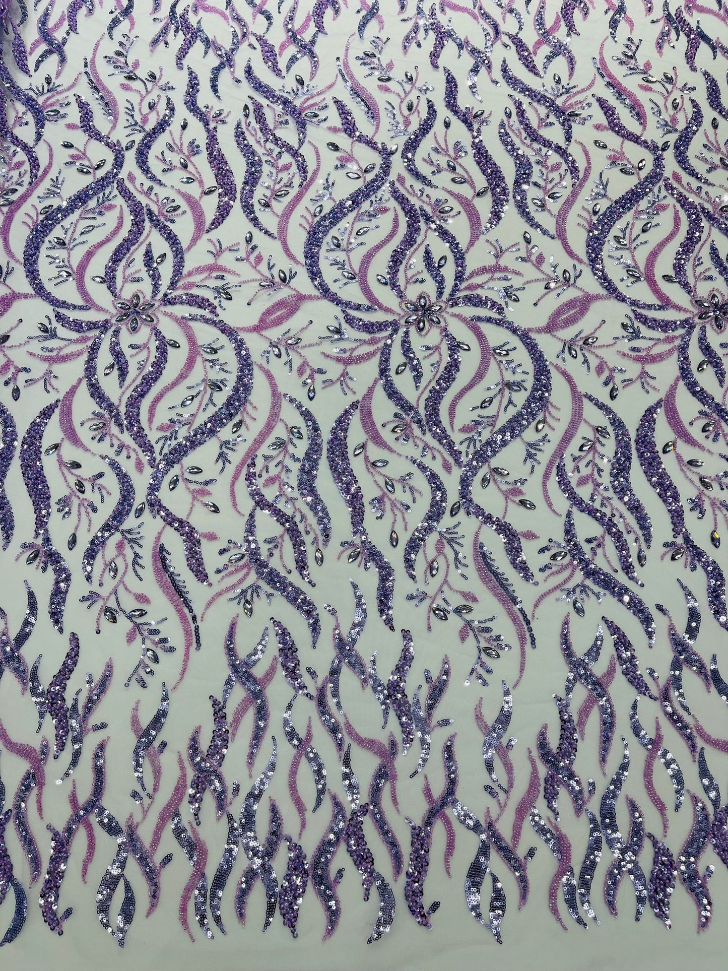 JEWEL VINE BEADED LACE ON MESH FABRIC (By The Yard) - New Creations Fabric & Foam Inc