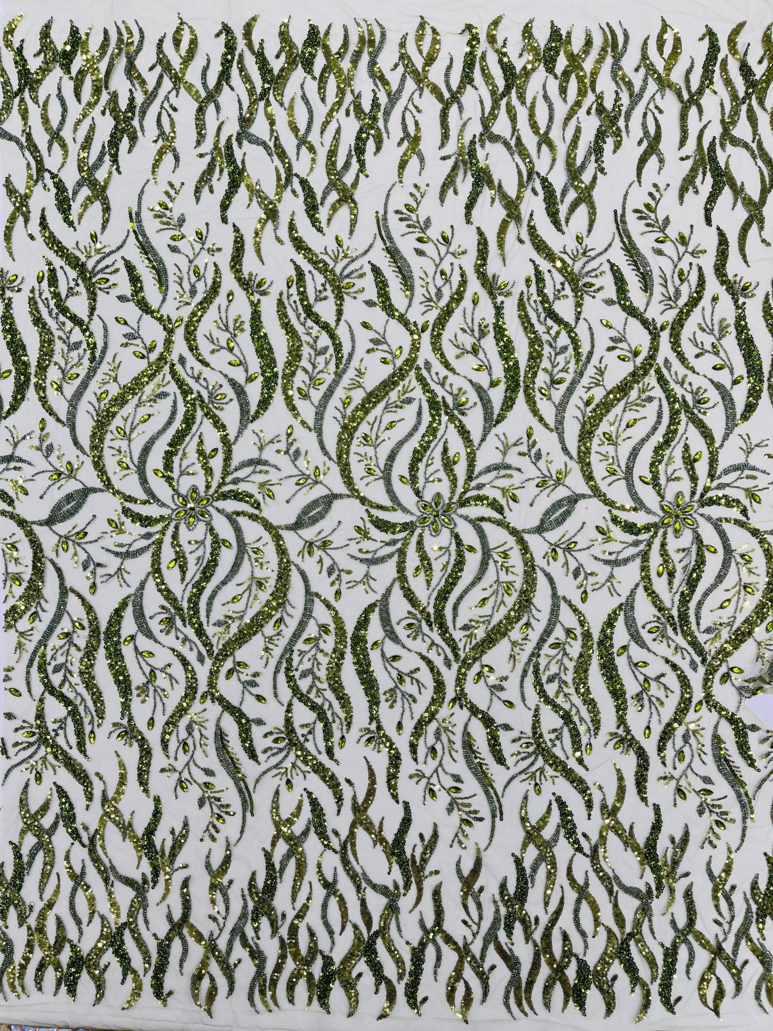 JEWEL VINE BEADED LACE ON MESH FABRIC (By The Yard) - New Creations Fabric & Foam Inc
