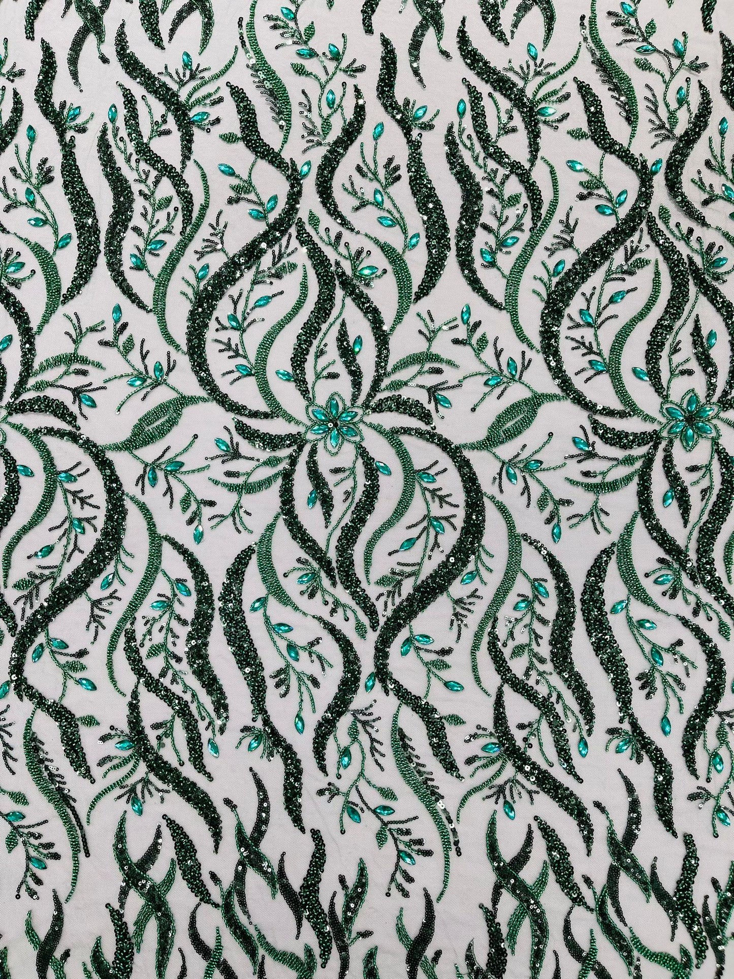 JEWEL VINE BEADED LACE ON MESH FABRIC (By The Yard) - New Creations Fabric & Foam Inc
