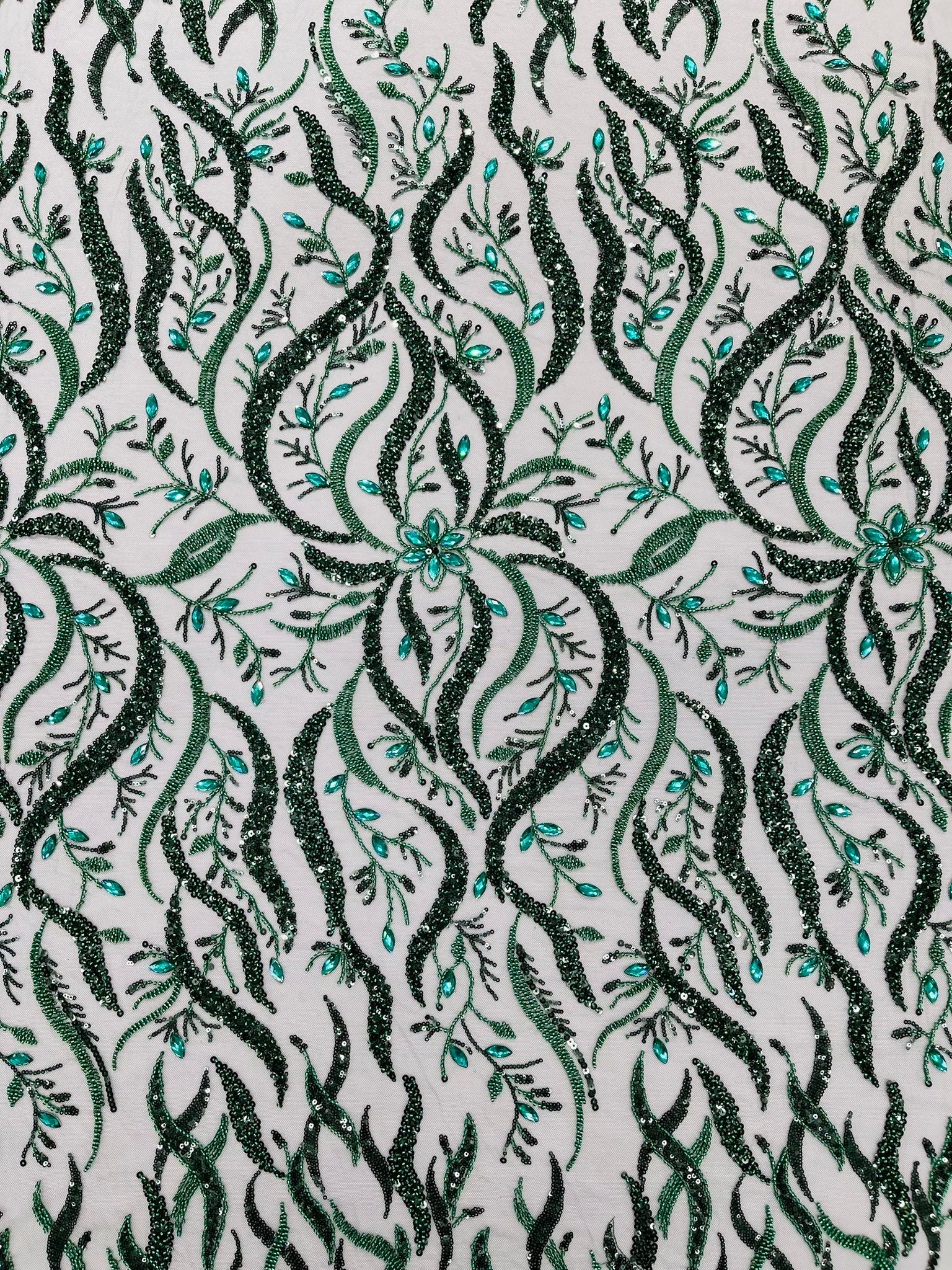JEWEL VINE BEADED LACE ON MESH FABRIC (By The Yard) - New Creations Fabric & Foam Inc