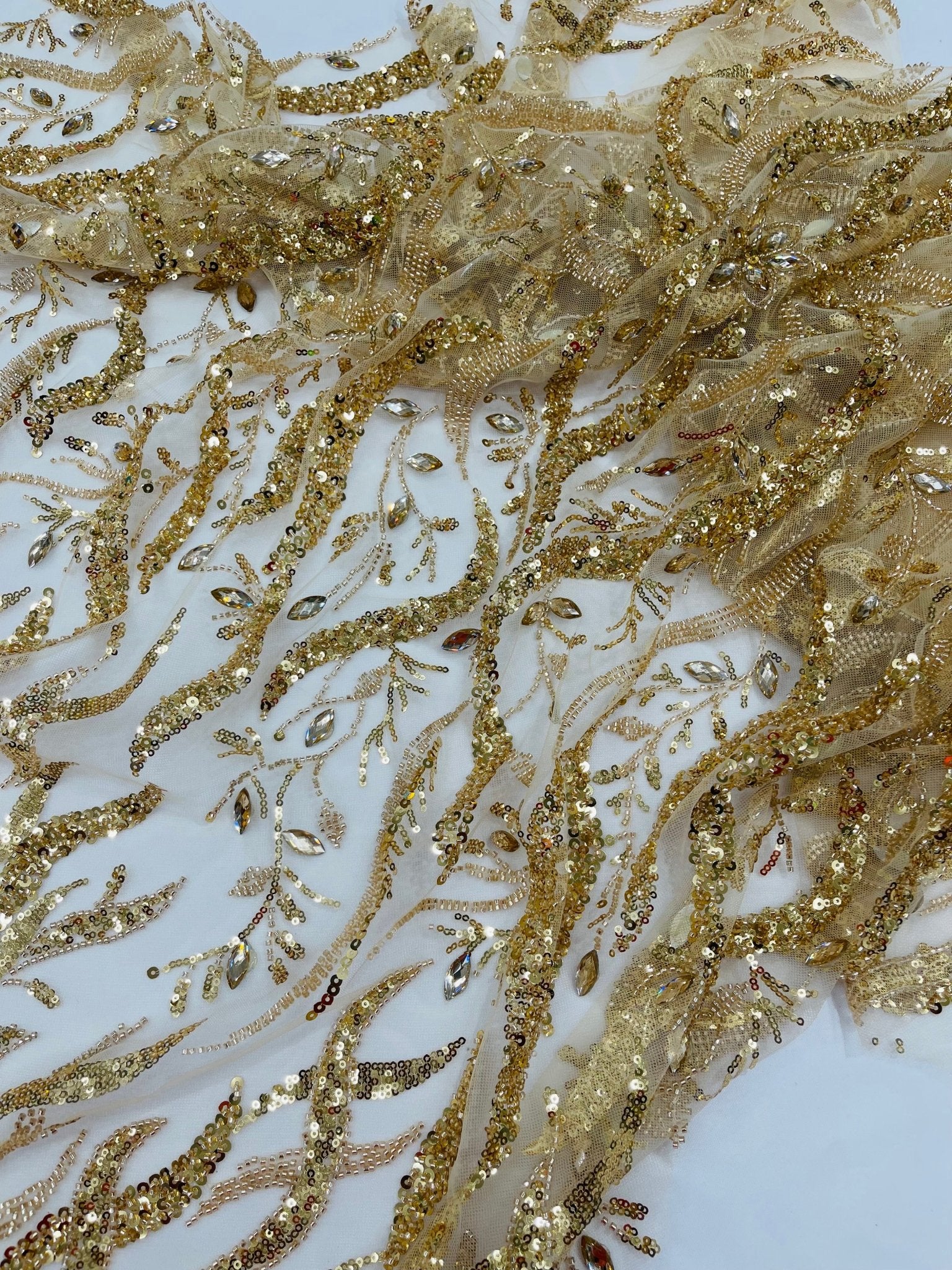 JEWEL VINE BEADED LACE ON MESH FABRIC (By The Yard) - New Creations Fabric & Foam Inc