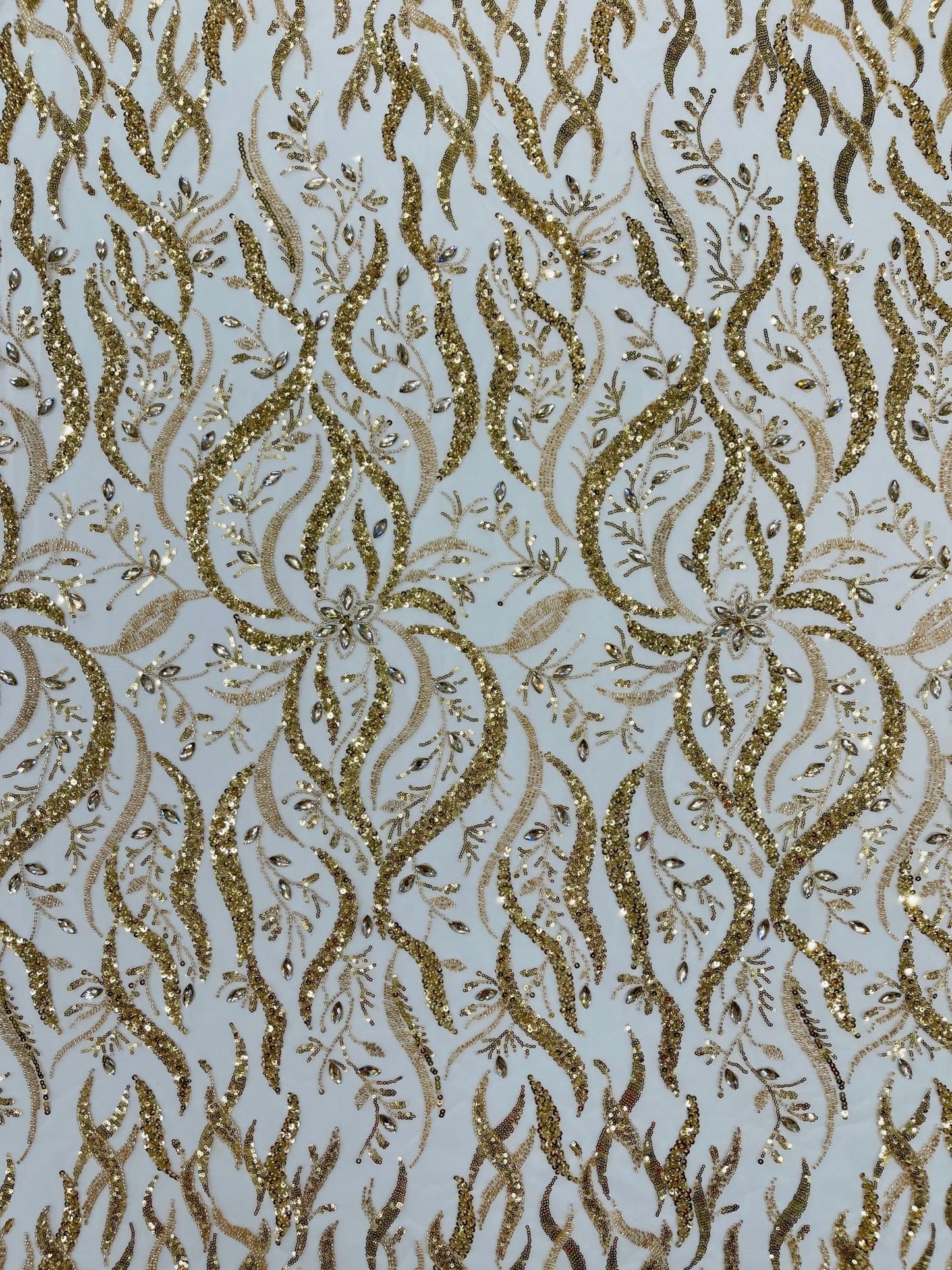 JEWEL VINE BEADED LACE ON MESH FABRIC (By The Yard) - New Creations Fabric & Foam Inc