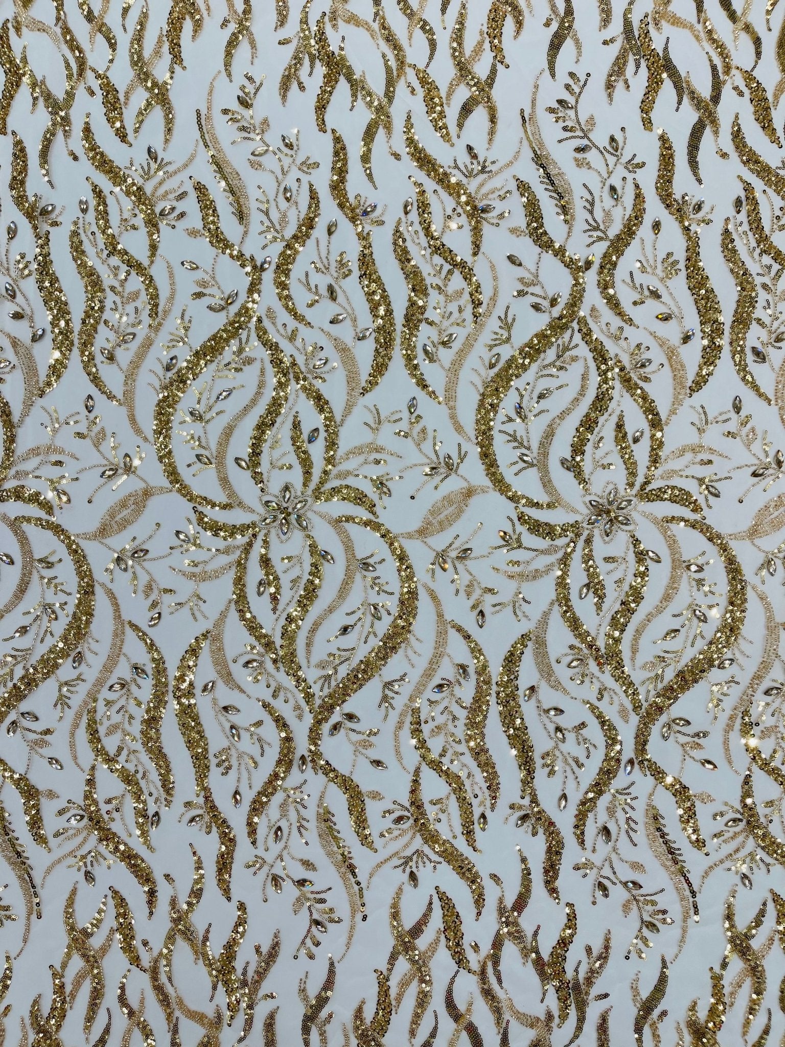 JEWEL VINE BEADED LACE ON MESH FABRIC (By The Yard) - New Creations Fabric & Foam Inc