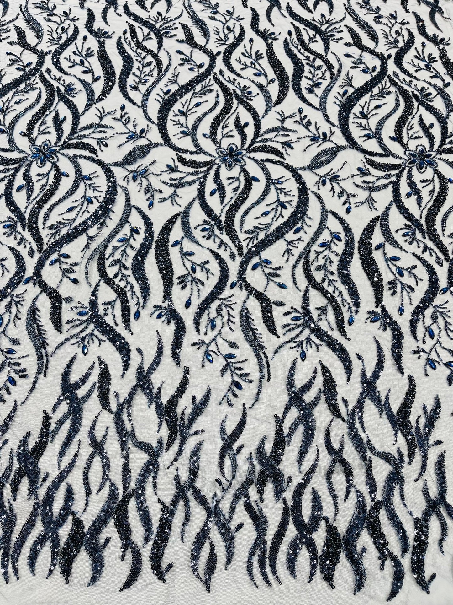 JEWEL VINE BEADED LACE ON MESH FABRIC (By The Yard) - New Creations Fabric & Foam Inc