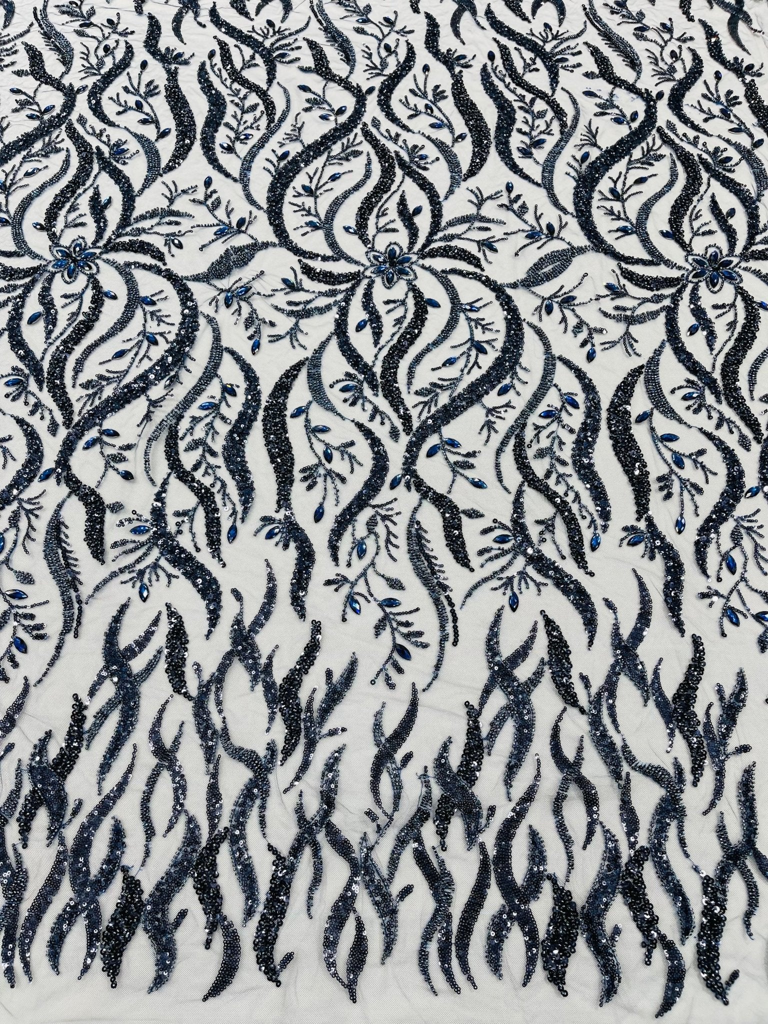 JEWEL VINE BEADED LACE ON MESH FABRIC (By The Yard) - New Creations Fabric & Foam Inc