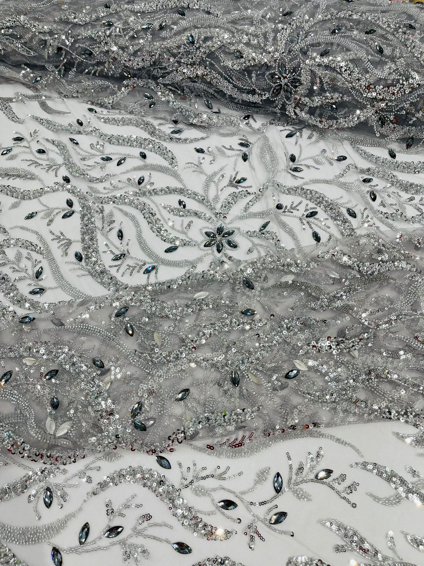 JEWEL VINE BEADED LACE ON MESH FABRIC (By The Yard) - New Creations Fabric & Foam Inc