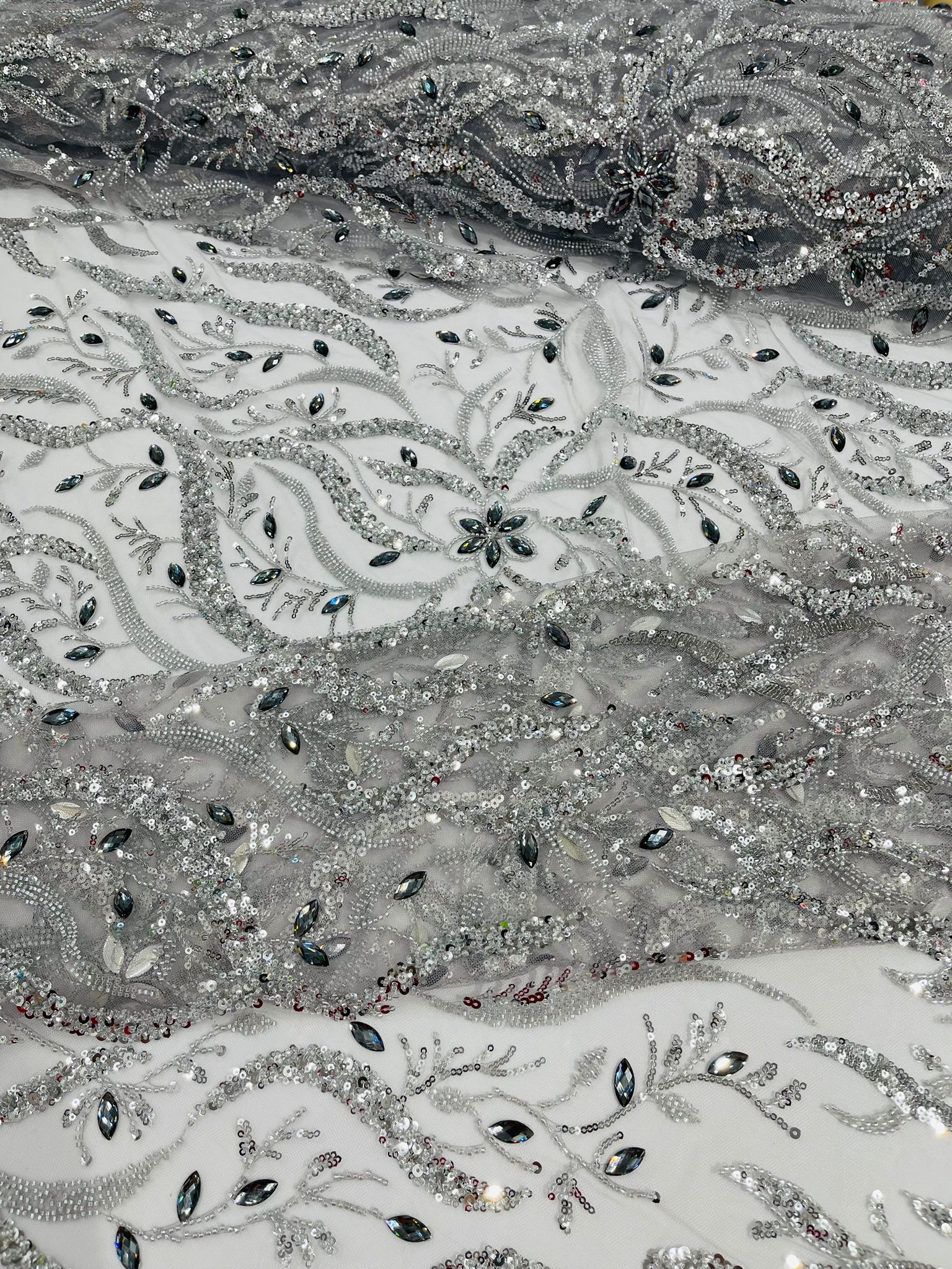 JEWEL VINE BEADED LACE ON MESH FABRIC (By The Yard) - New Creations Fabric & Foam Inc