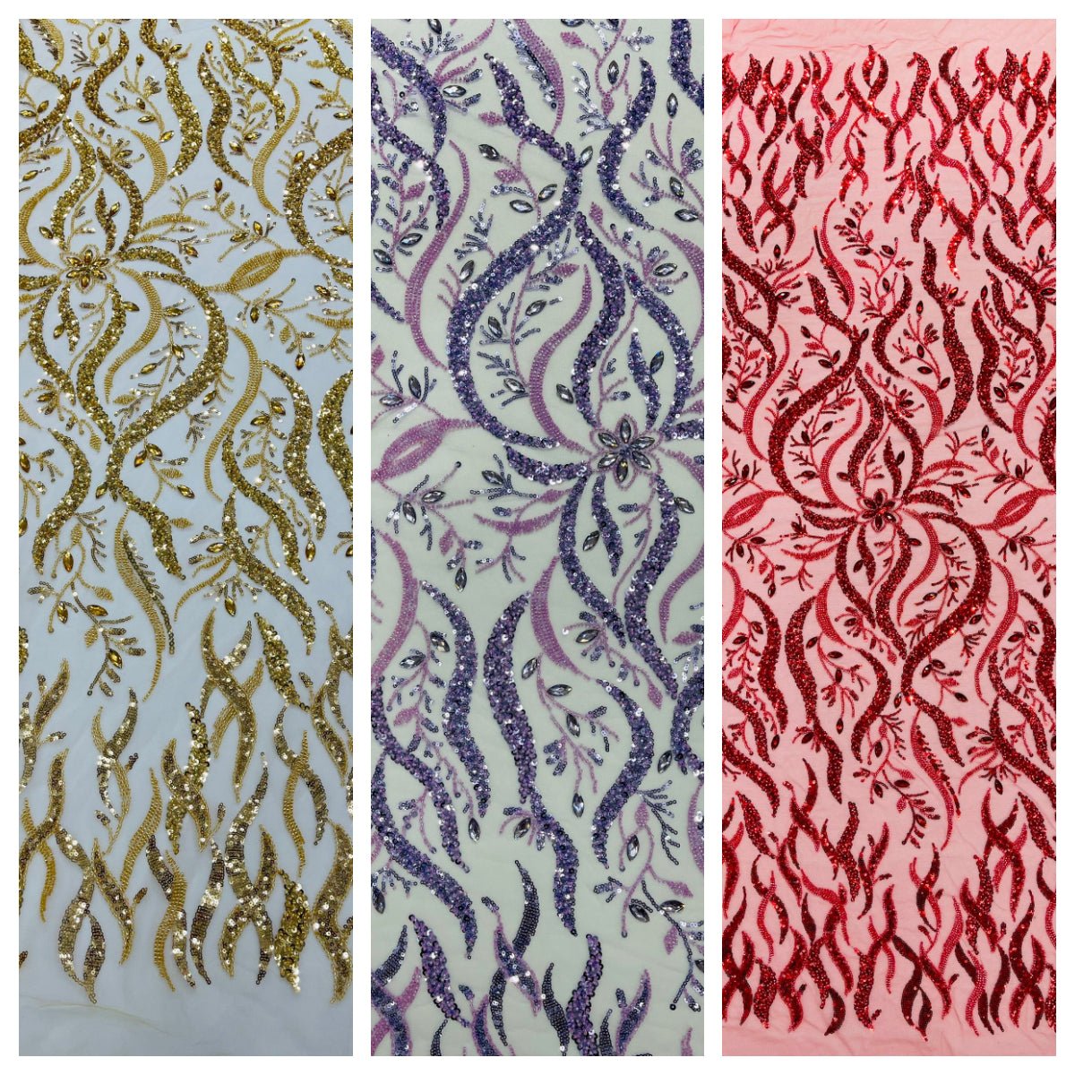 JEWEL VINE BEADED LACE ON MESH FABRIC (By The Yard) - New Creations Fabric & Foam Inc