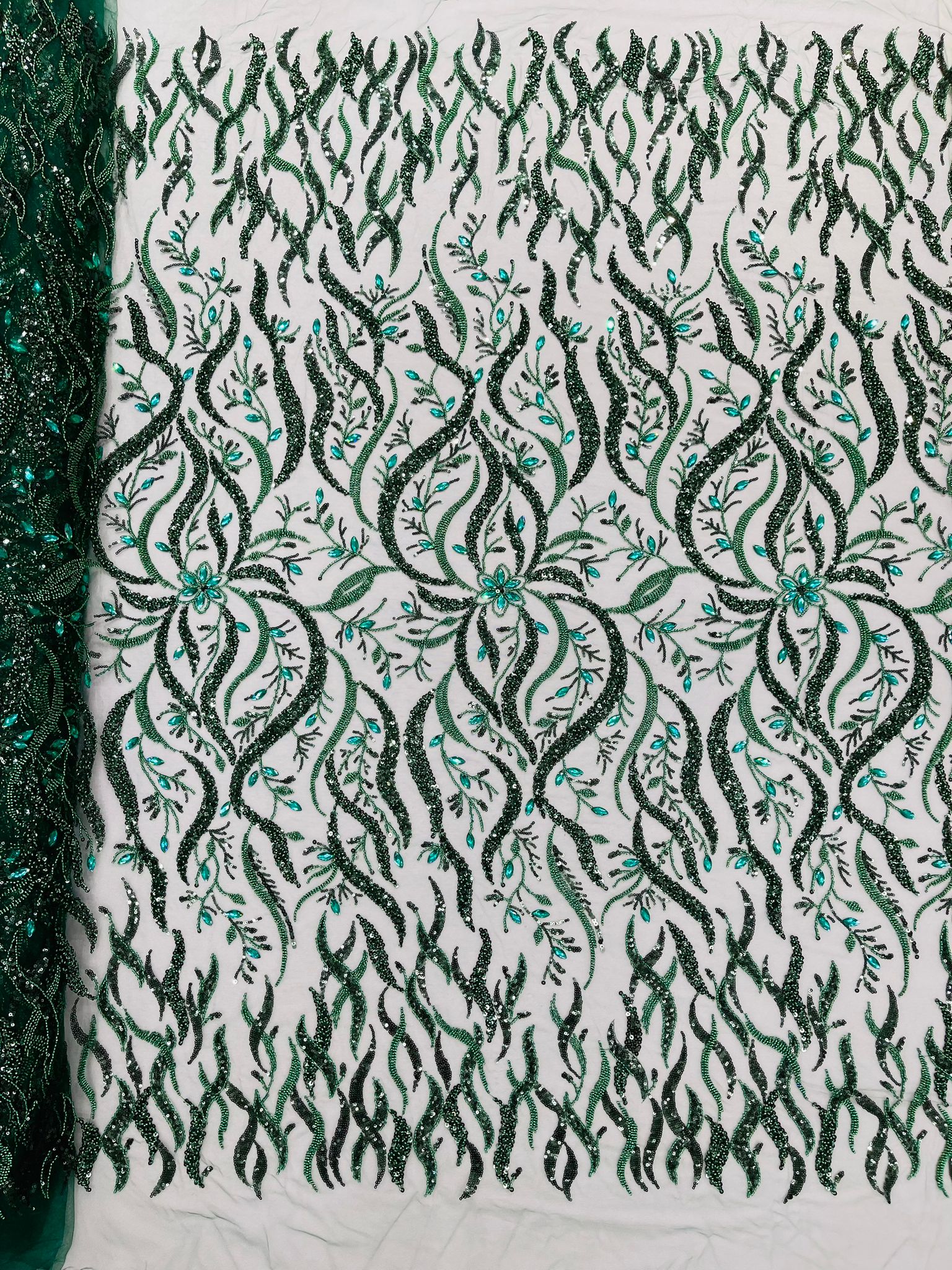 JEWEL VINE BEADED LACE ON MESH FABRIC (By The Yard) - New Creations Fabric & Foam Inc