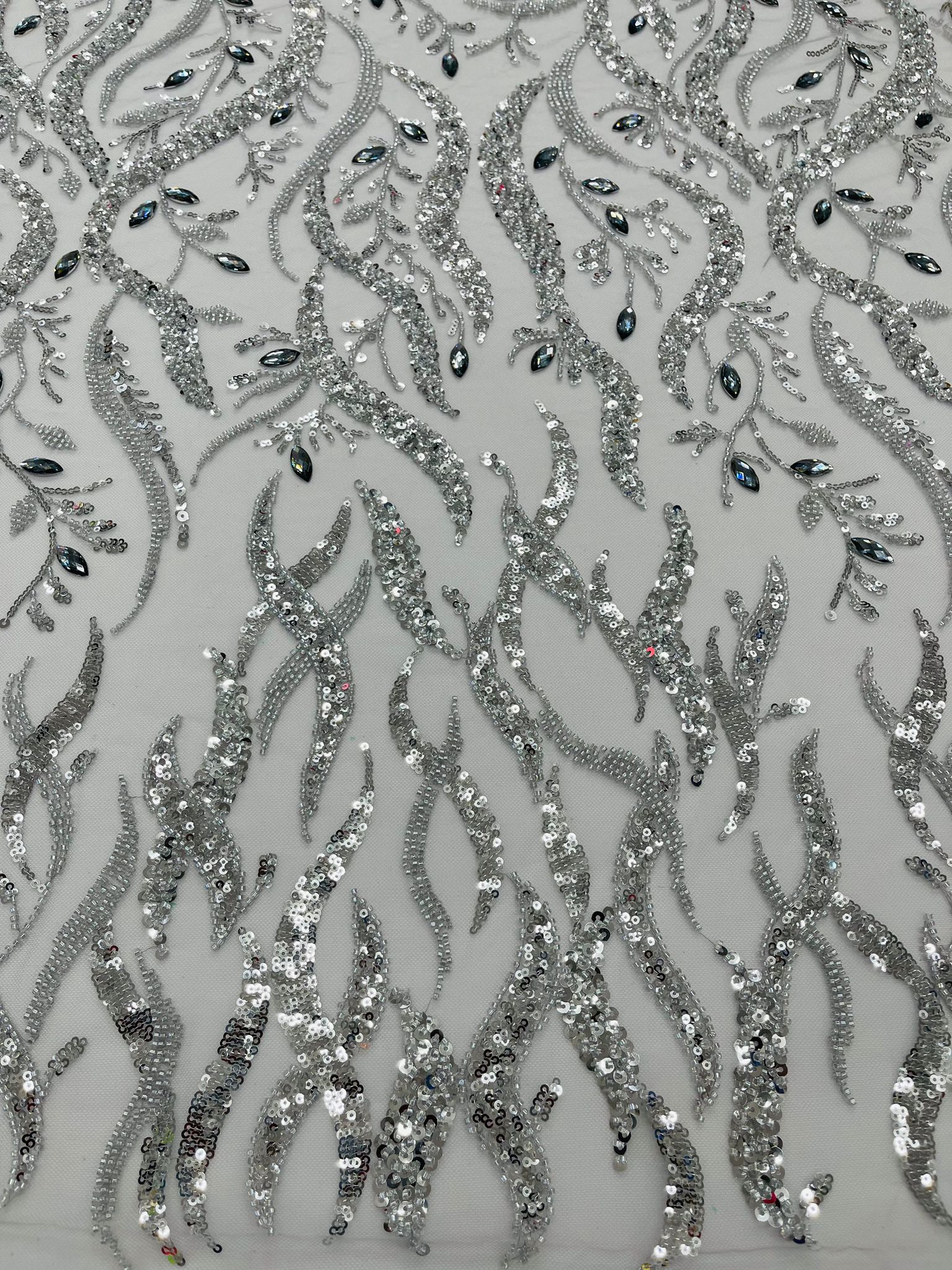 JEWEL VINE BEADED LACE ON MESH FABRIC (By The Yard) - New Creations Fabric & Foam Inc