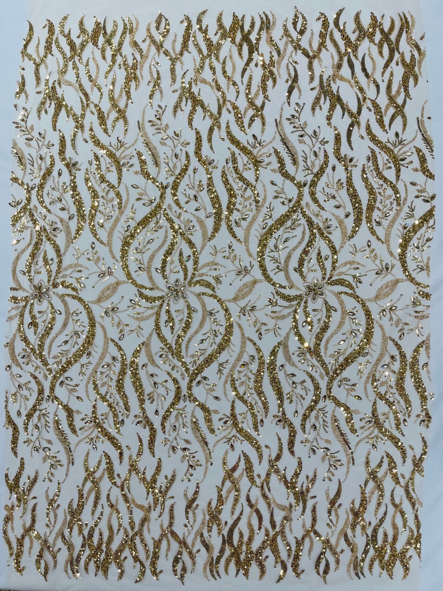 JEWEL VINE BEADED LACE ON MESH FABRIC (By The Yard) - New Creations Fabric & Foam Inc