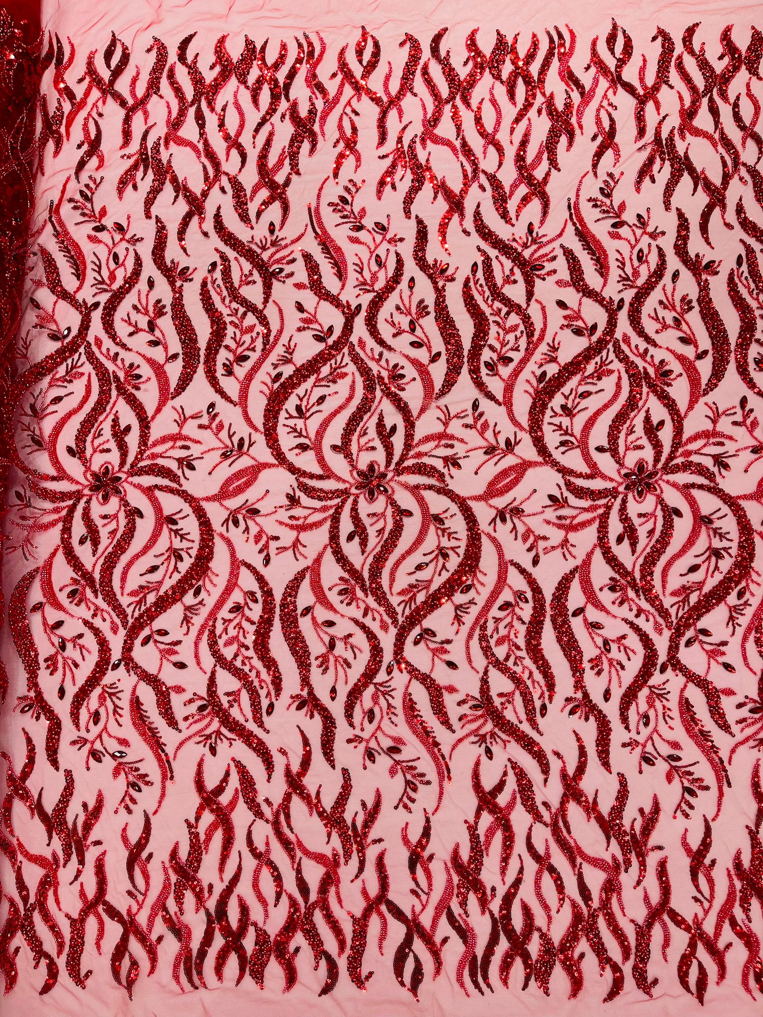 JEWEL VINE BEADED LACE ON MESH FABRIC (By The Yard) - New Creations Fabric & Foam Inc