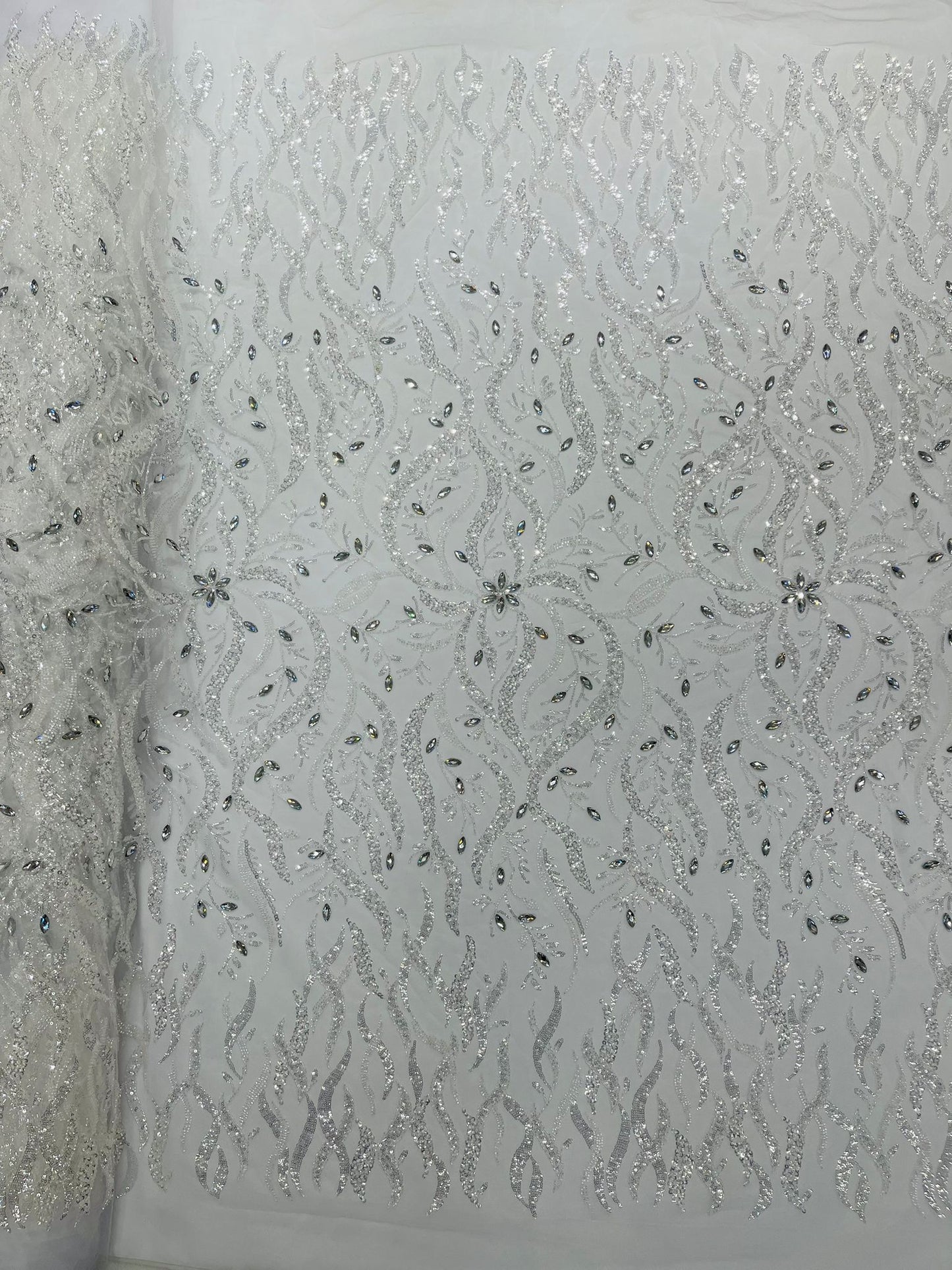 JEWEL VINE BEADED LACE ON MESH FABRIC (By The Yard) - New Creations Fabric & Foam Inc