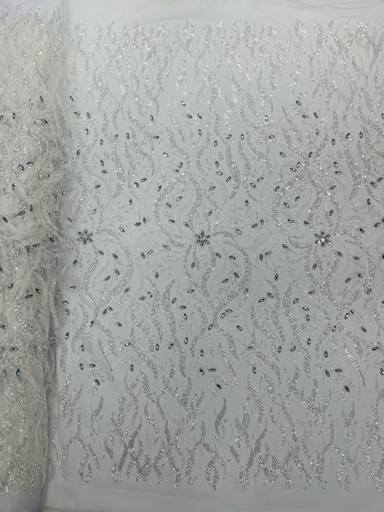 JEWEL VINE BEADED LACE ON MESH FABRIC (By The Yard) - New Creations Fabric & Foam Inc