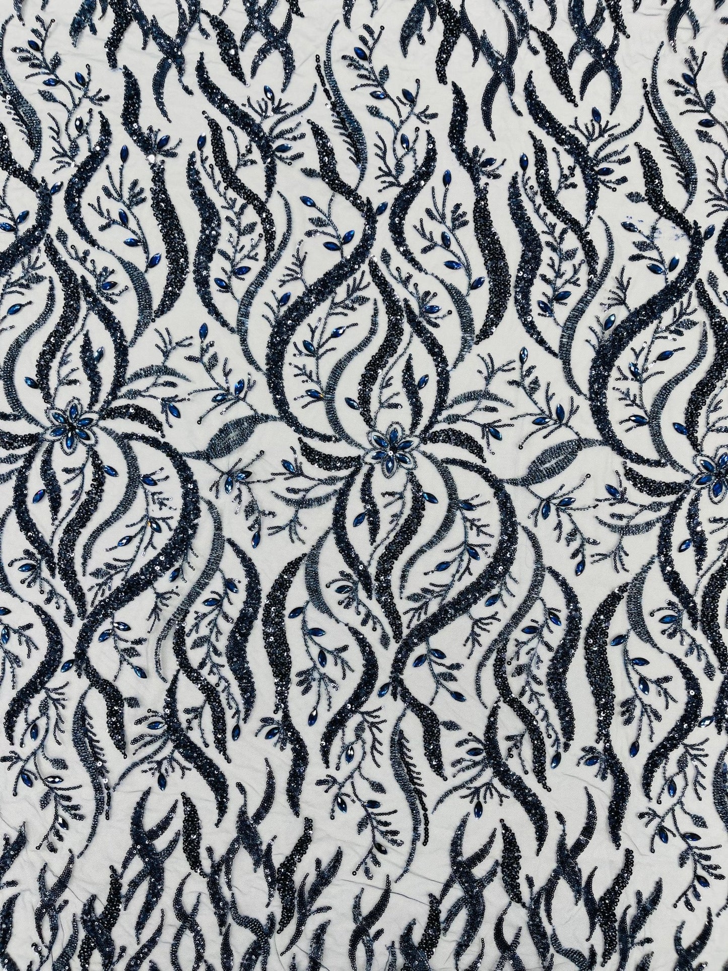 JEWEL VINE BEADED LACE ON MESH FABRIC (By The Yard) - New Creations Fabric & Foam Inc