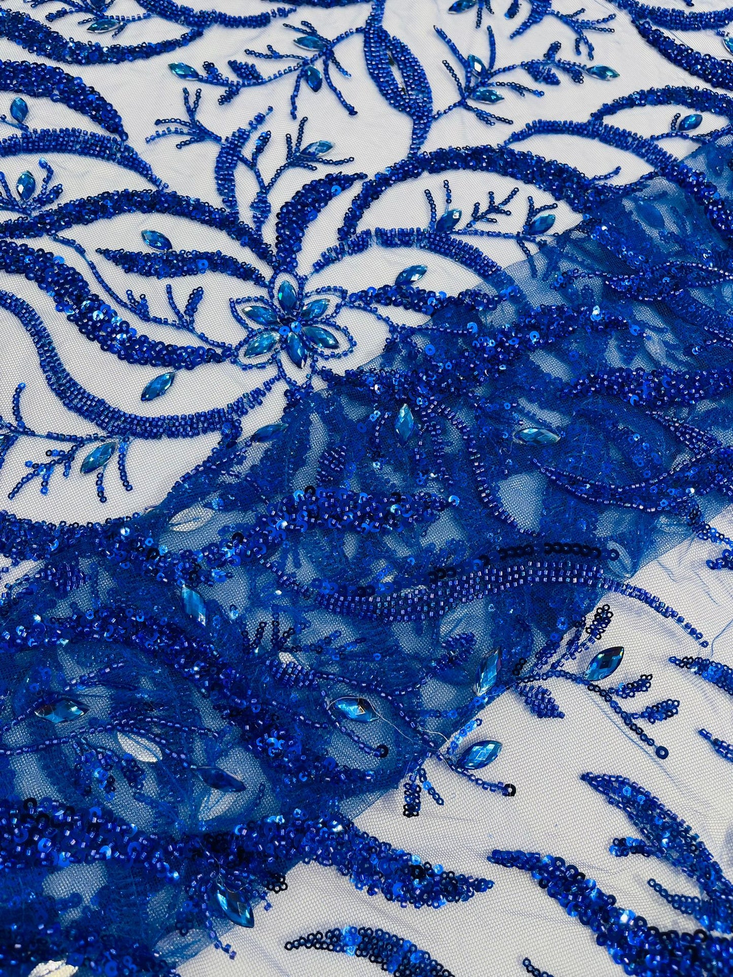 JEWEL VINE BEADED LACE ON MESH FABRIC (By The Yard) - New Creations Fabric & Foam Inc