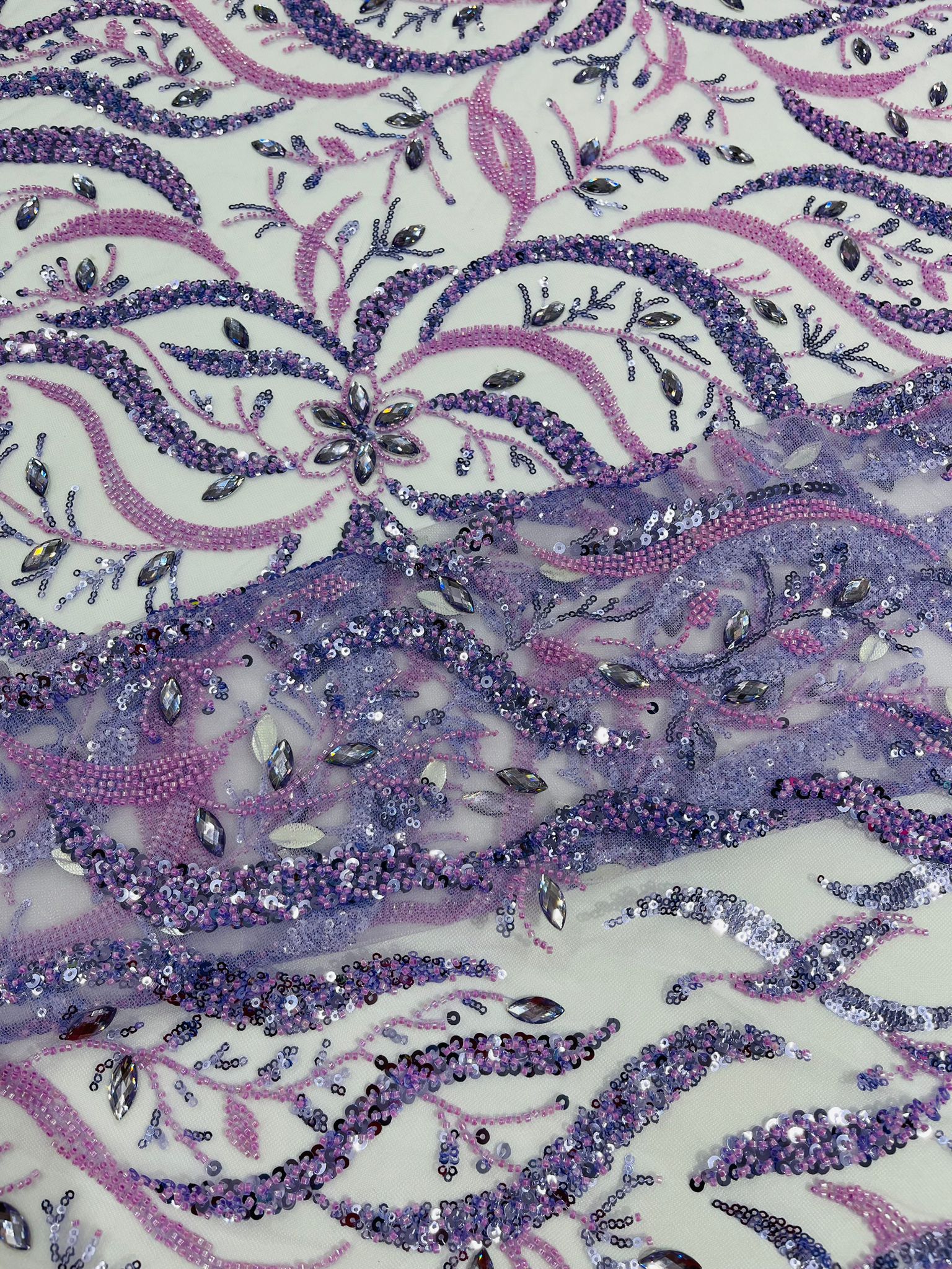 JEWEL VINE BEADED LACE ON MESH FABRIC (By The Yard) - New Creations Fabric & Foam Inc