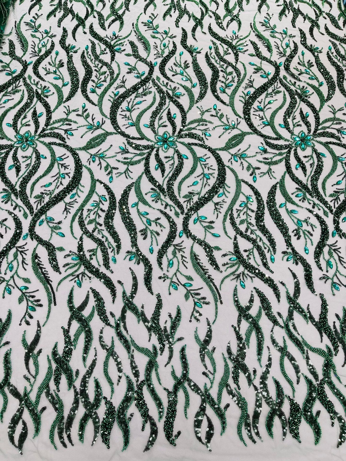 JEWEL VINE BEADED LACE ON MESH FABRIC (By The Yard) - New Creations Fabric & Foam Inc