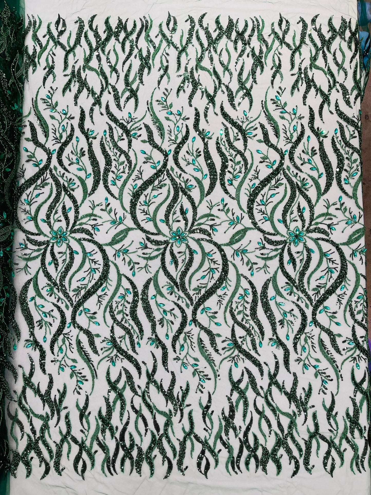 JEWEL VINE BEADED LACE ON MESH FABRIC (By The Yard) - New Creations Fabric & Foam Inc