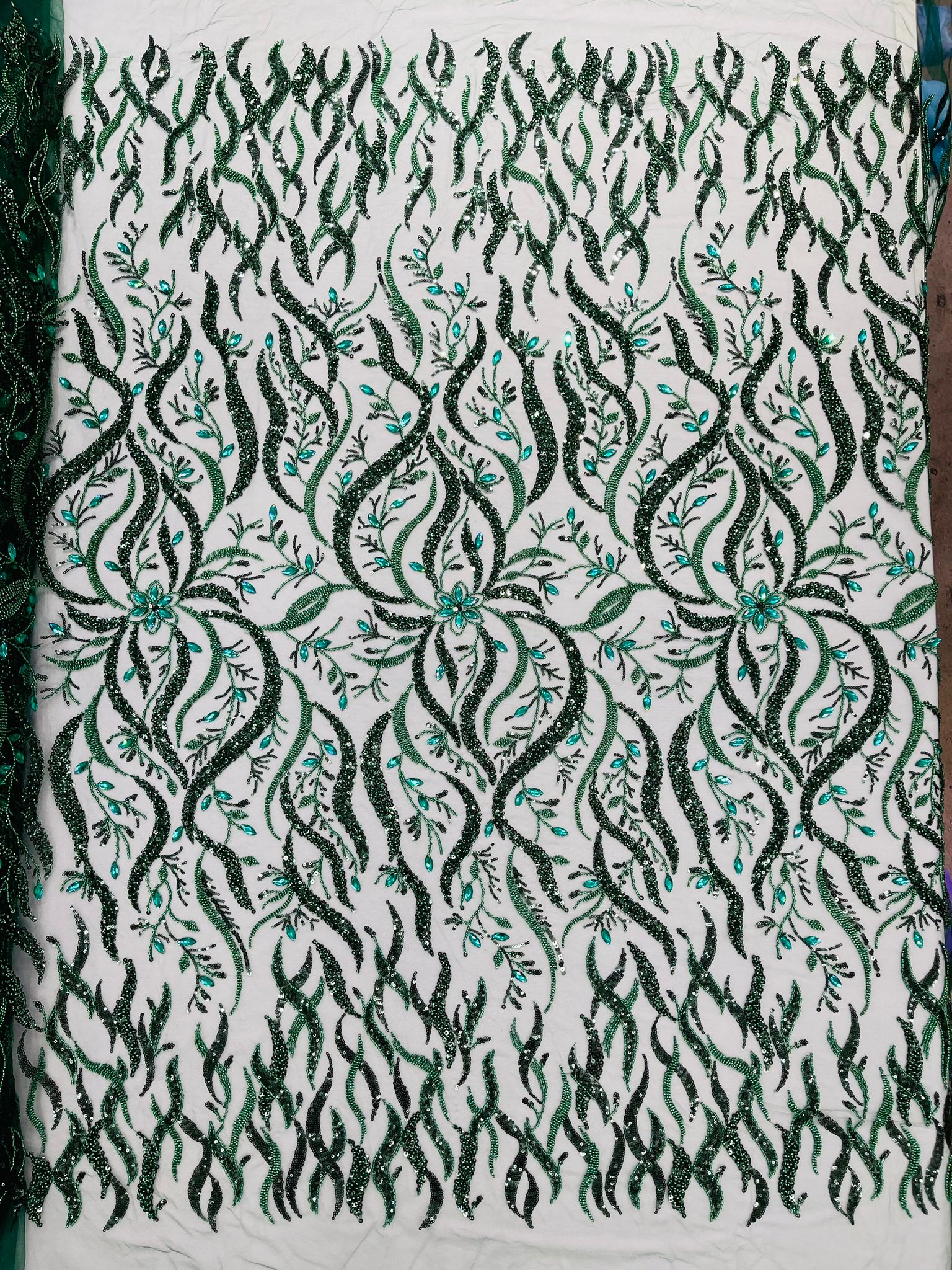 JEWEL VINE BEADED LACE ON MESH FABRIC (By The Yard) - New Creations Fabric & Foam Inc