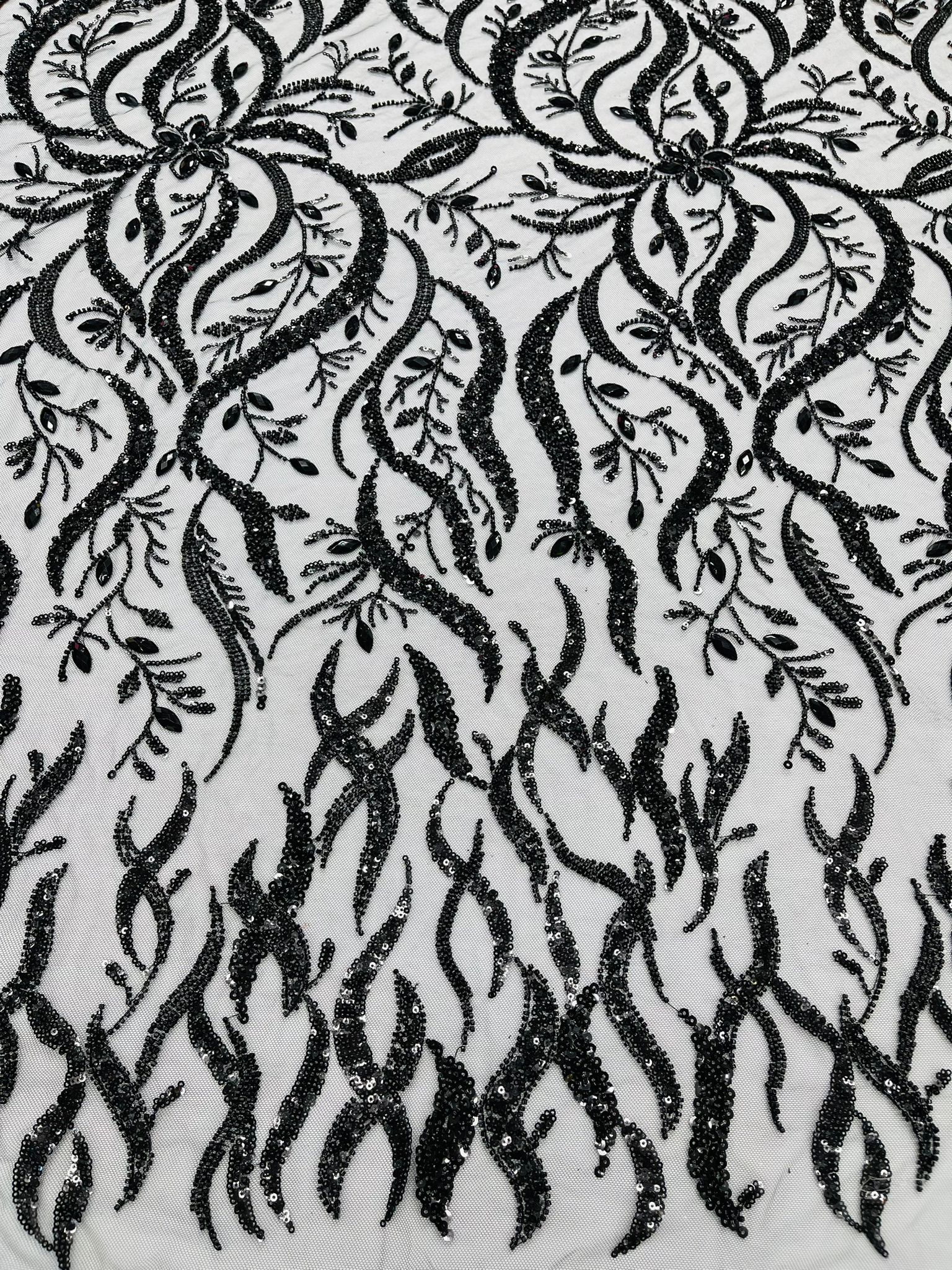 JEWEL VINE BEADED LACE ON MESH FABRIC (By The Yard) - New Creations Fabric & Foam Inc