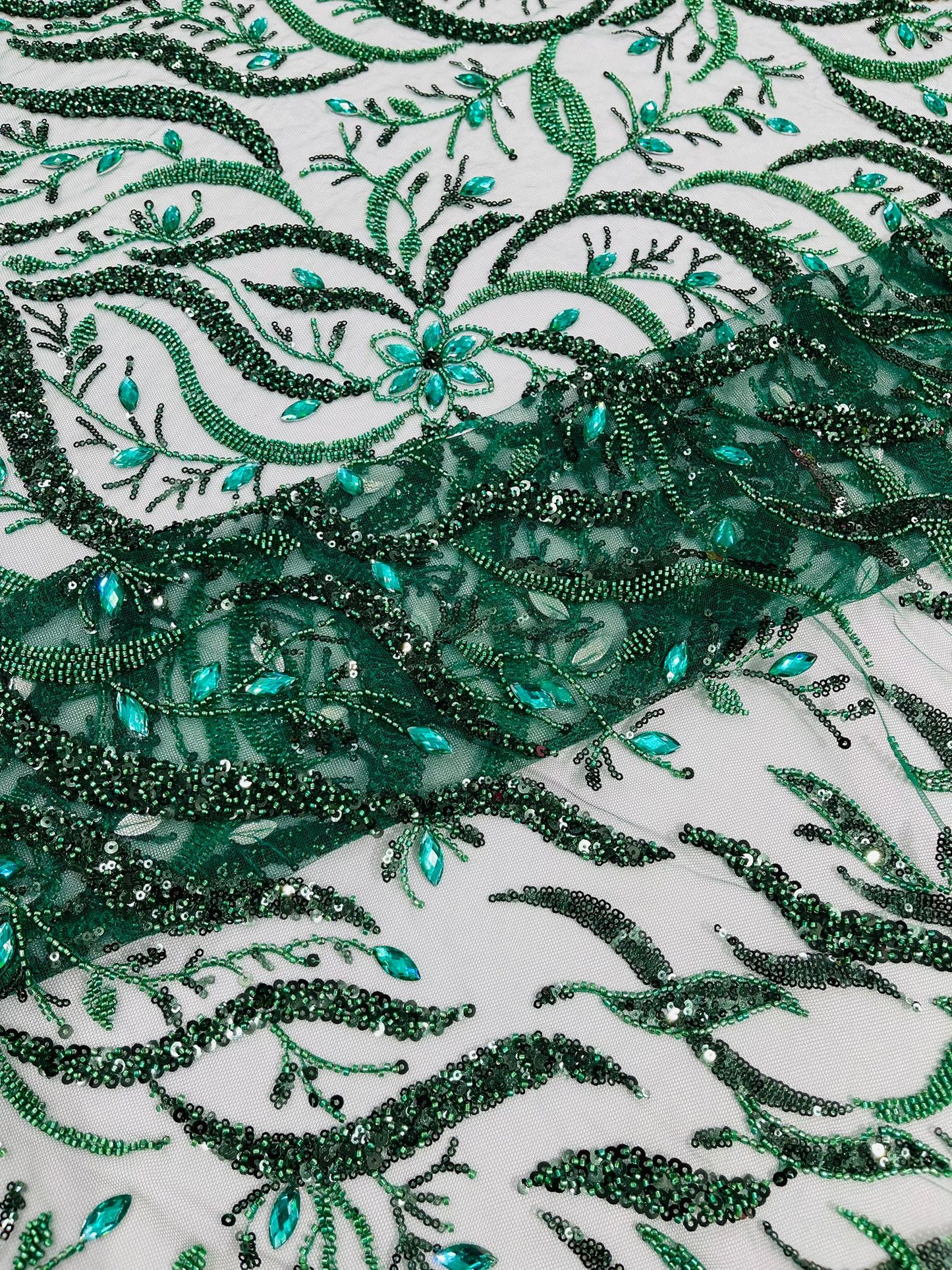 JEWEL VINE BEADED LACE ON MESH FABRIC (By The Yard) - New Creations Fabric & Foam Inc