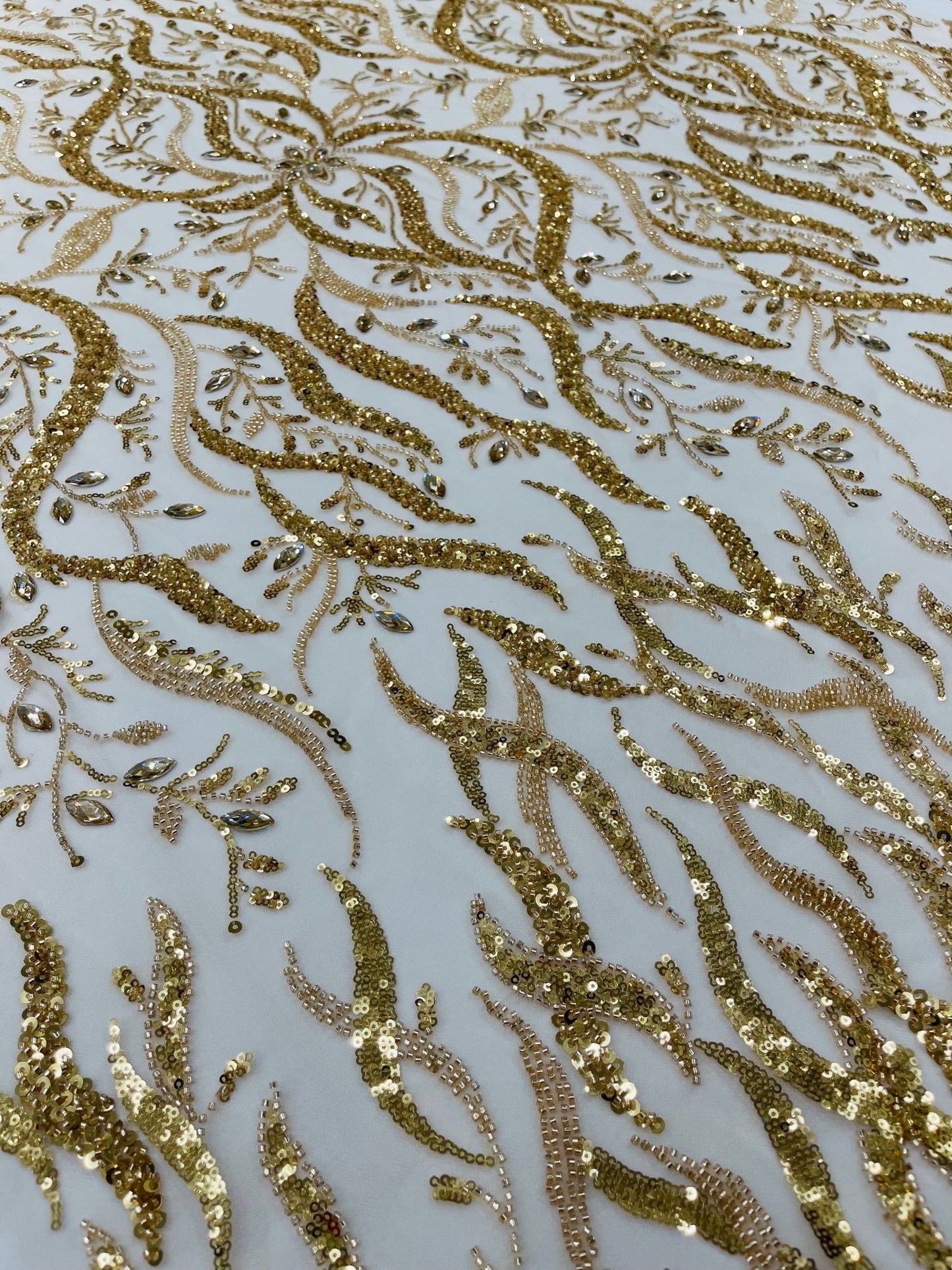 JEWEL VINE BEADED LACE ON MESH FABRIC (By The Yard) - New Creations Fabric & Foam Inc