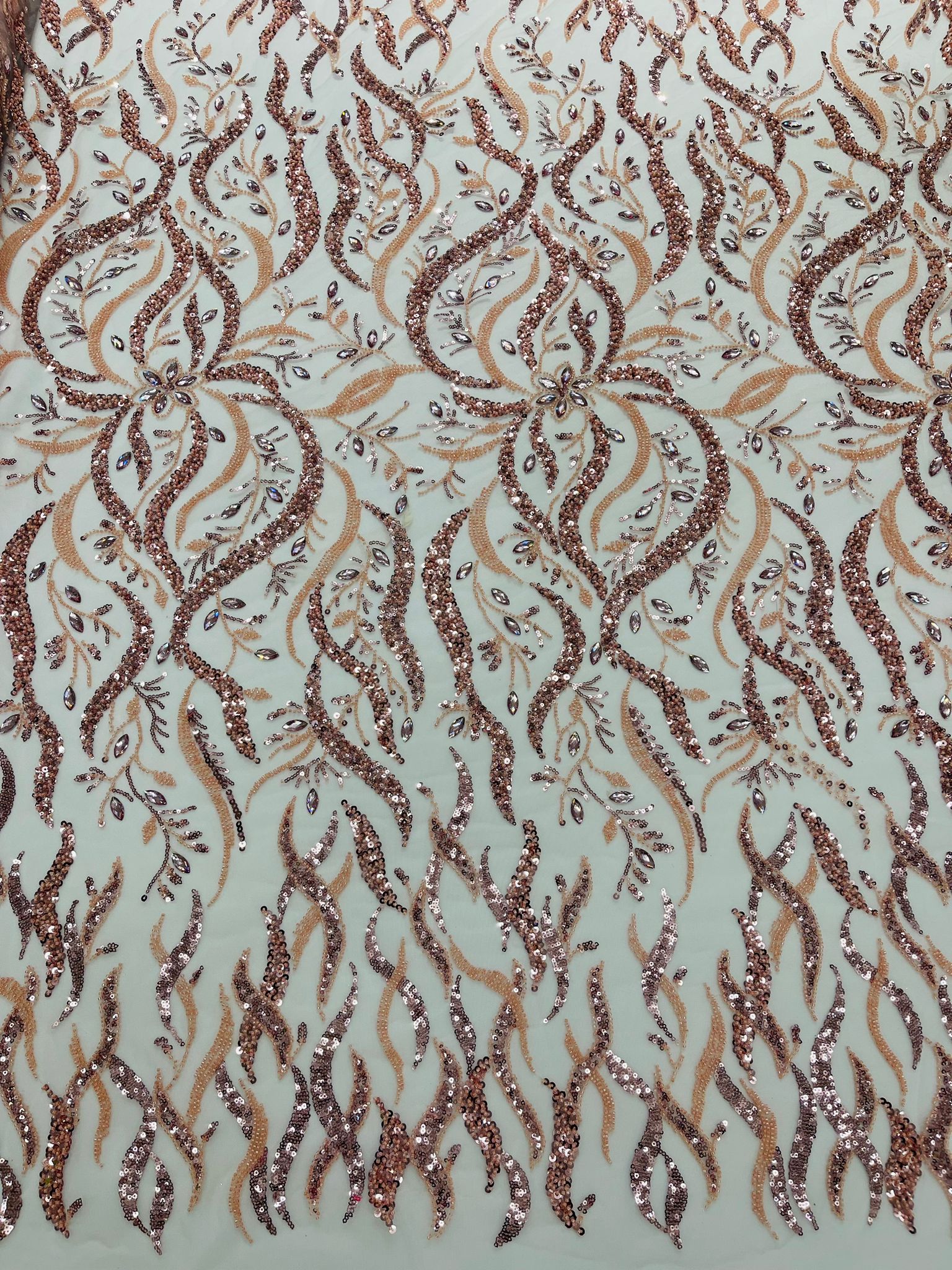 JEWEL VINE BEADED LACE ON MESH FABRIC (By The Yard) - New Creations Fabric & Foam Inc