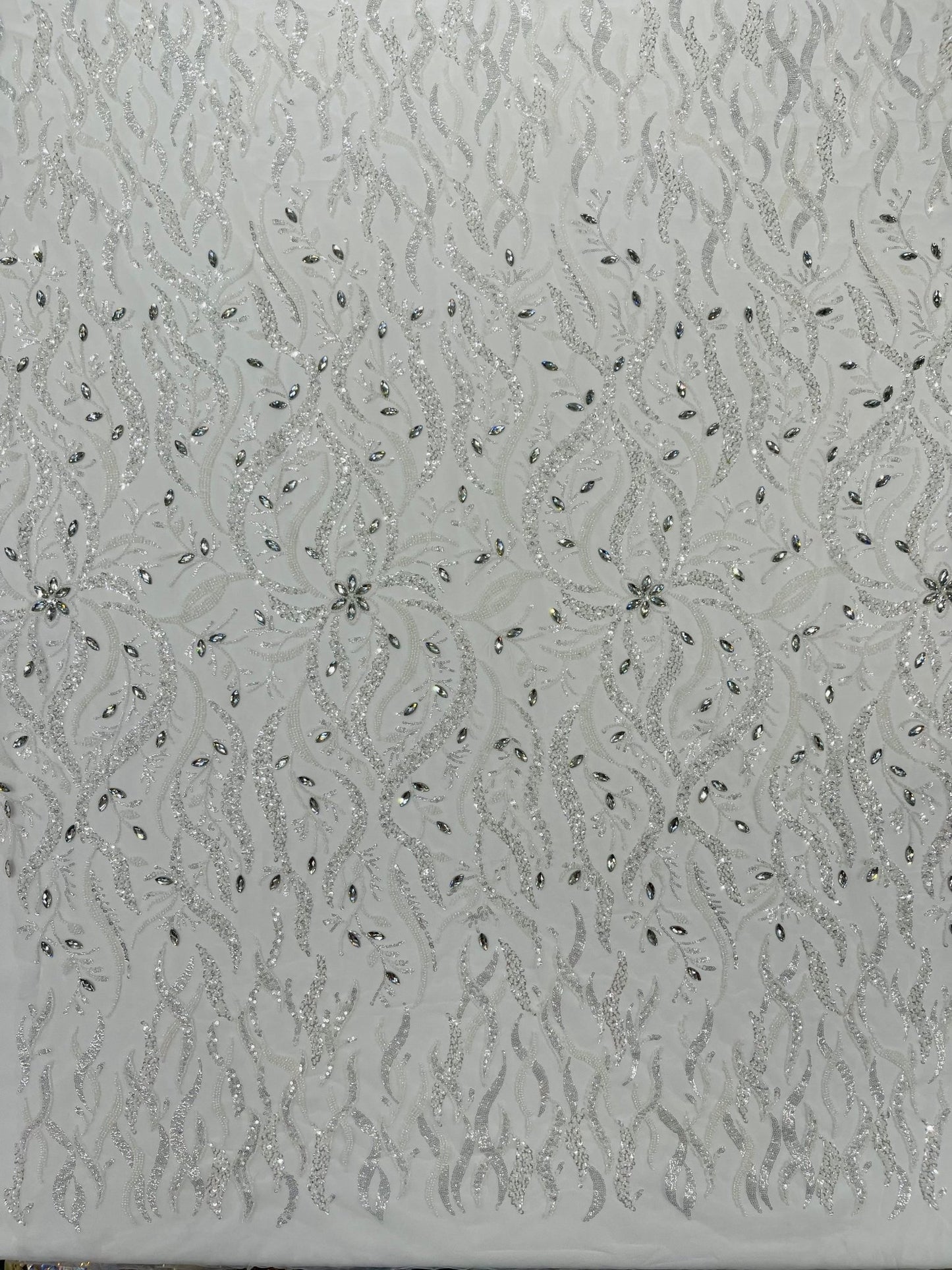 JEWEL VINE BEADED LACE ON MESH FABRIC (By The Yard) - New Creations Fabric & Foam Inc