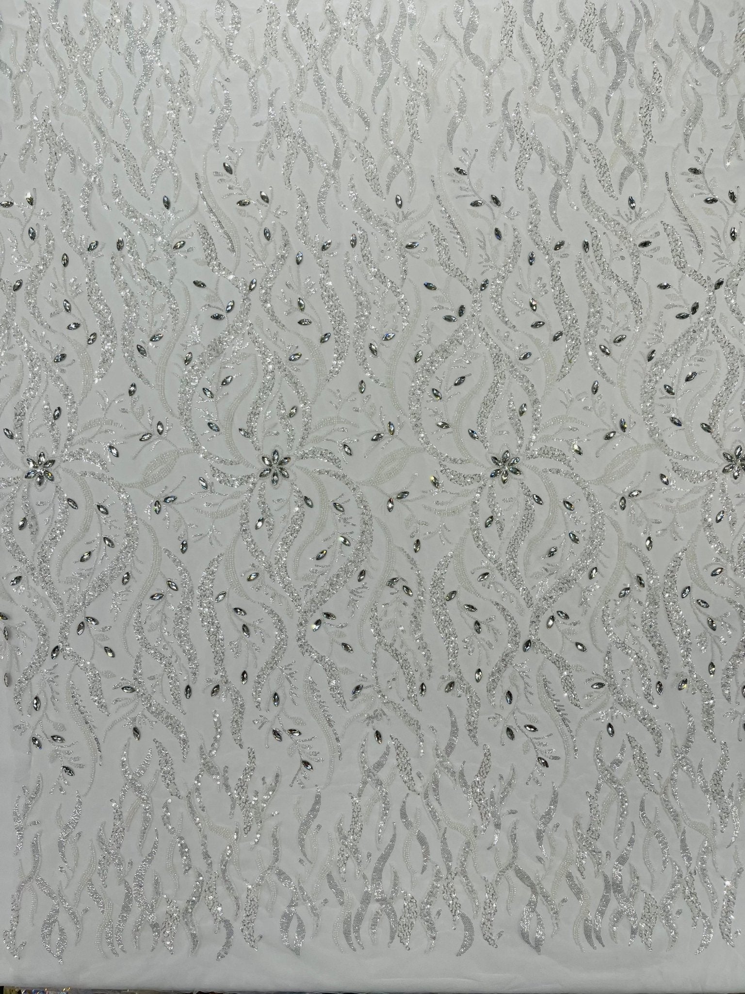 JEWEL VINE BEADED LACE ON MESH FABRIC (By The Yard) - New Creations Fabric & Foam Inc