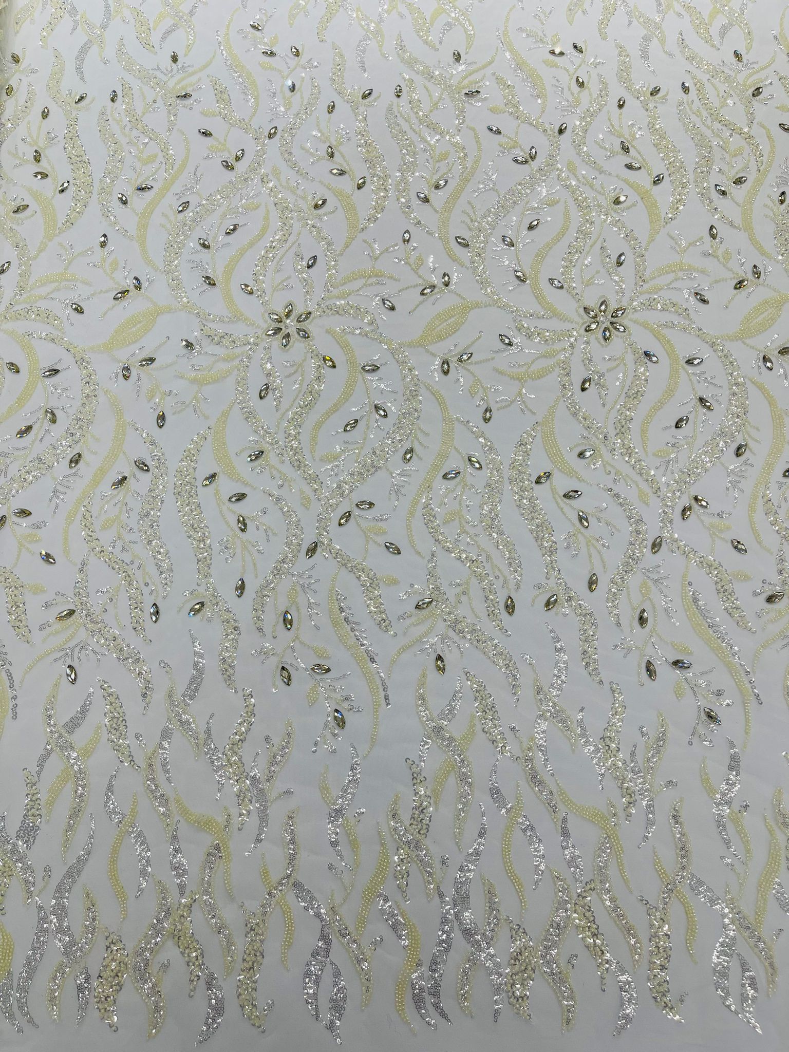 JEWEL VINE BEADED LACE ON MESH FABRIC (By The Yard) - New Creations Fabric & Foam Inc