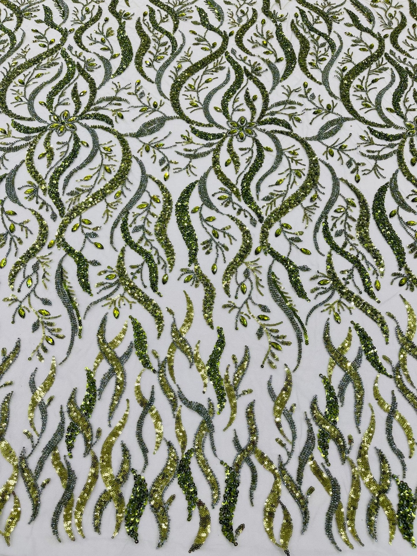 JEWEL VINE BEADED LACE ON MESH FABRIC (By The Yard) - New Creations Fabric & Foam Inc