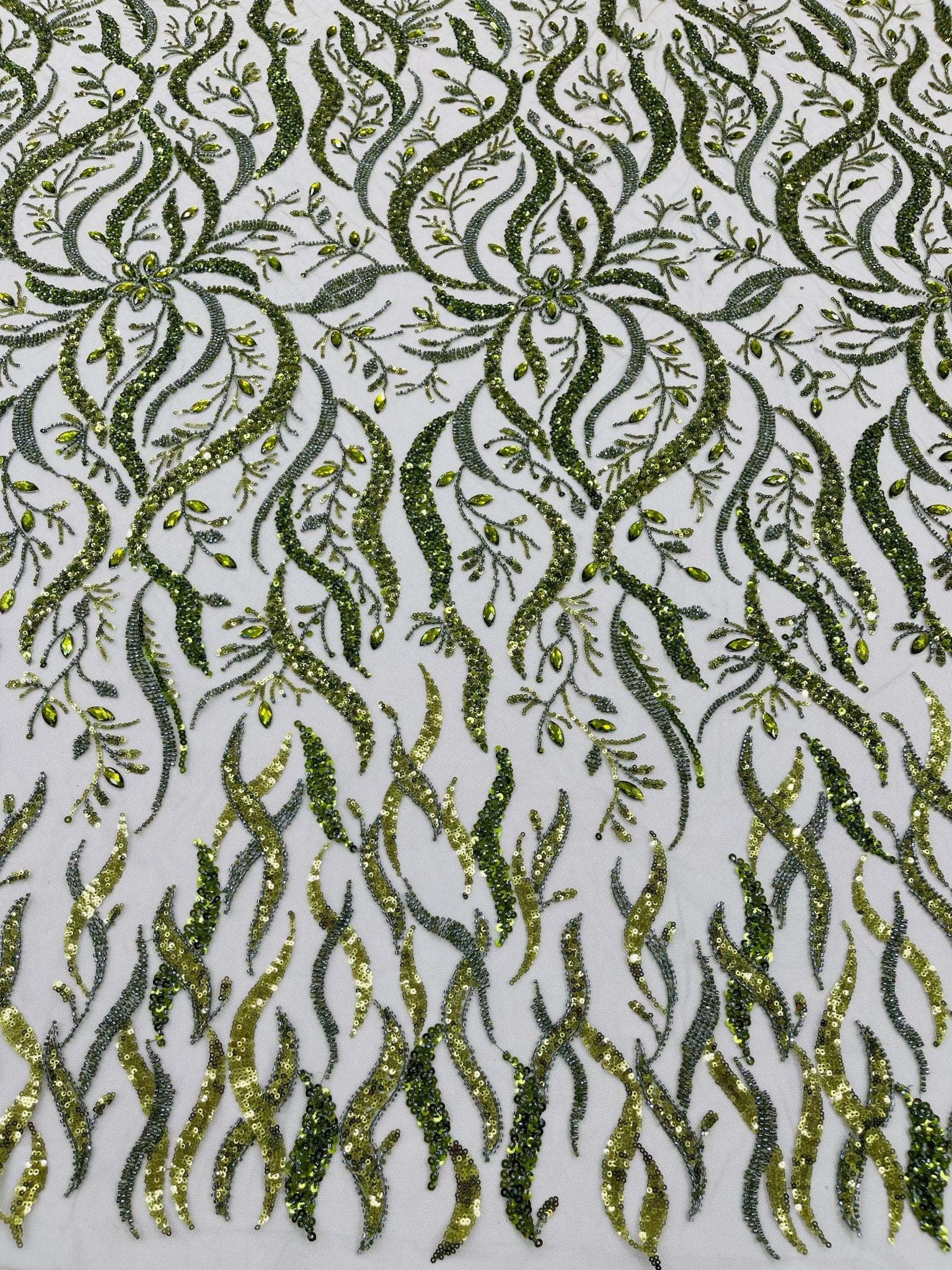 JEWEL VINE BEADED LACE ON MESH FABRIC (By The Yard) - New Creations Fabric & Foam Inc