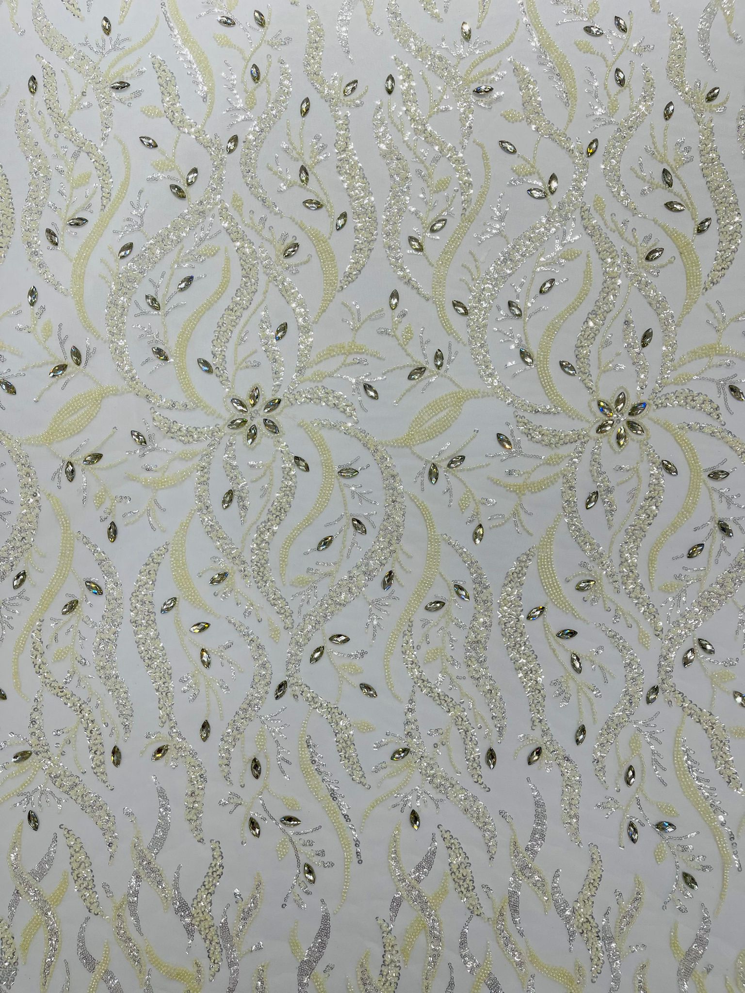 JEWEL VINE BEADED LACE ON MESH FABRIC (By The Yard) - New Creations Fabric & Foam Inc