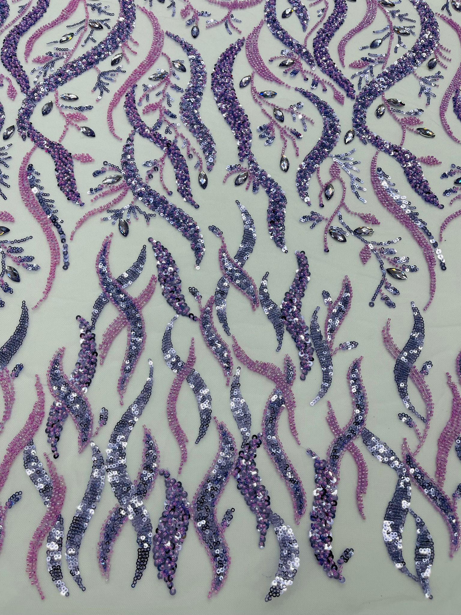 JEWEL VINE BEADED LACE ON MESH FABRIC (By The Yard) - New Creations Fabric & Foam Inc