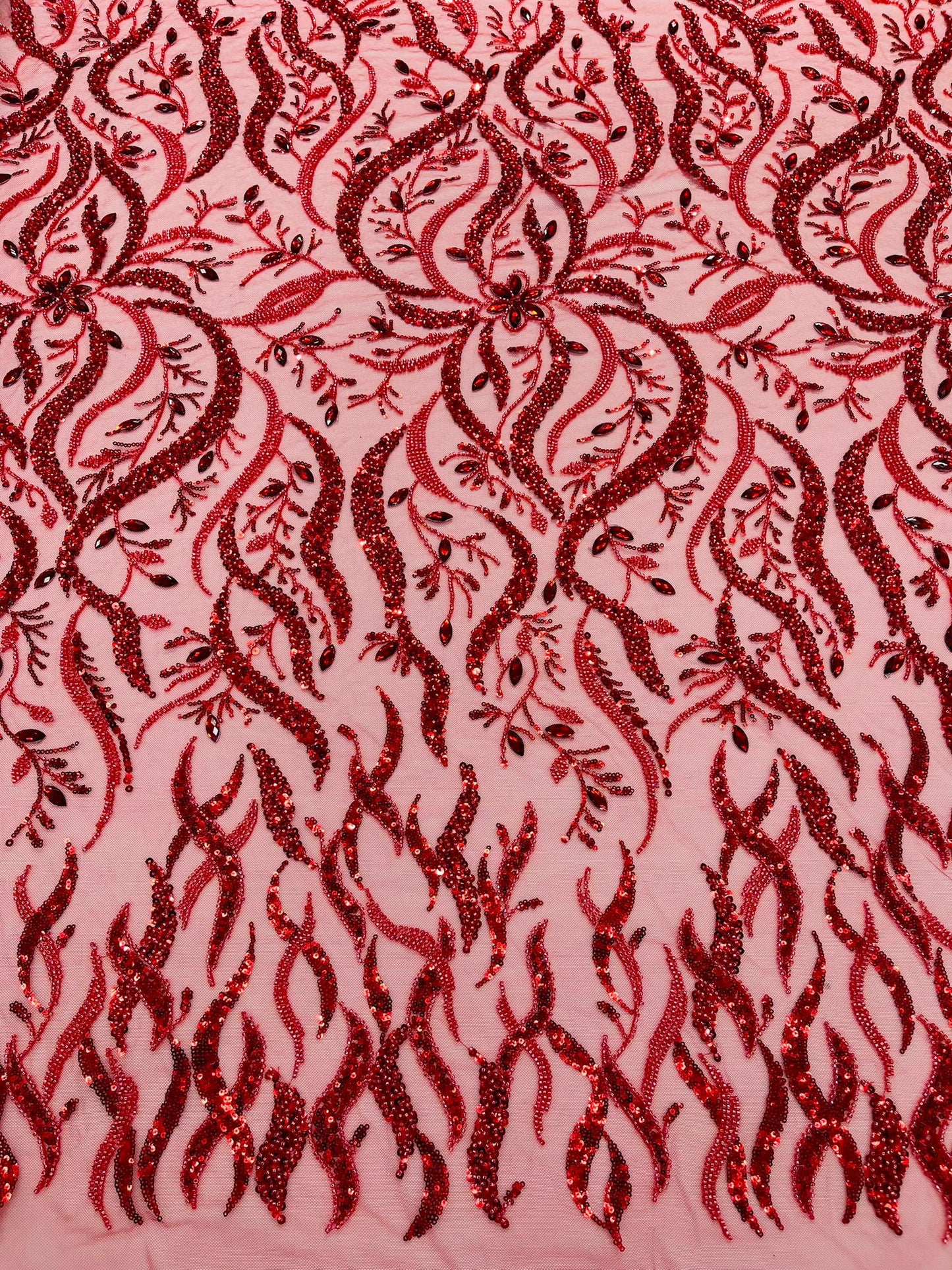 JEWEL VINE BEADED LACE ON MESH FABRIC (By The Yard) - New Creations Fabric & Foam Inc