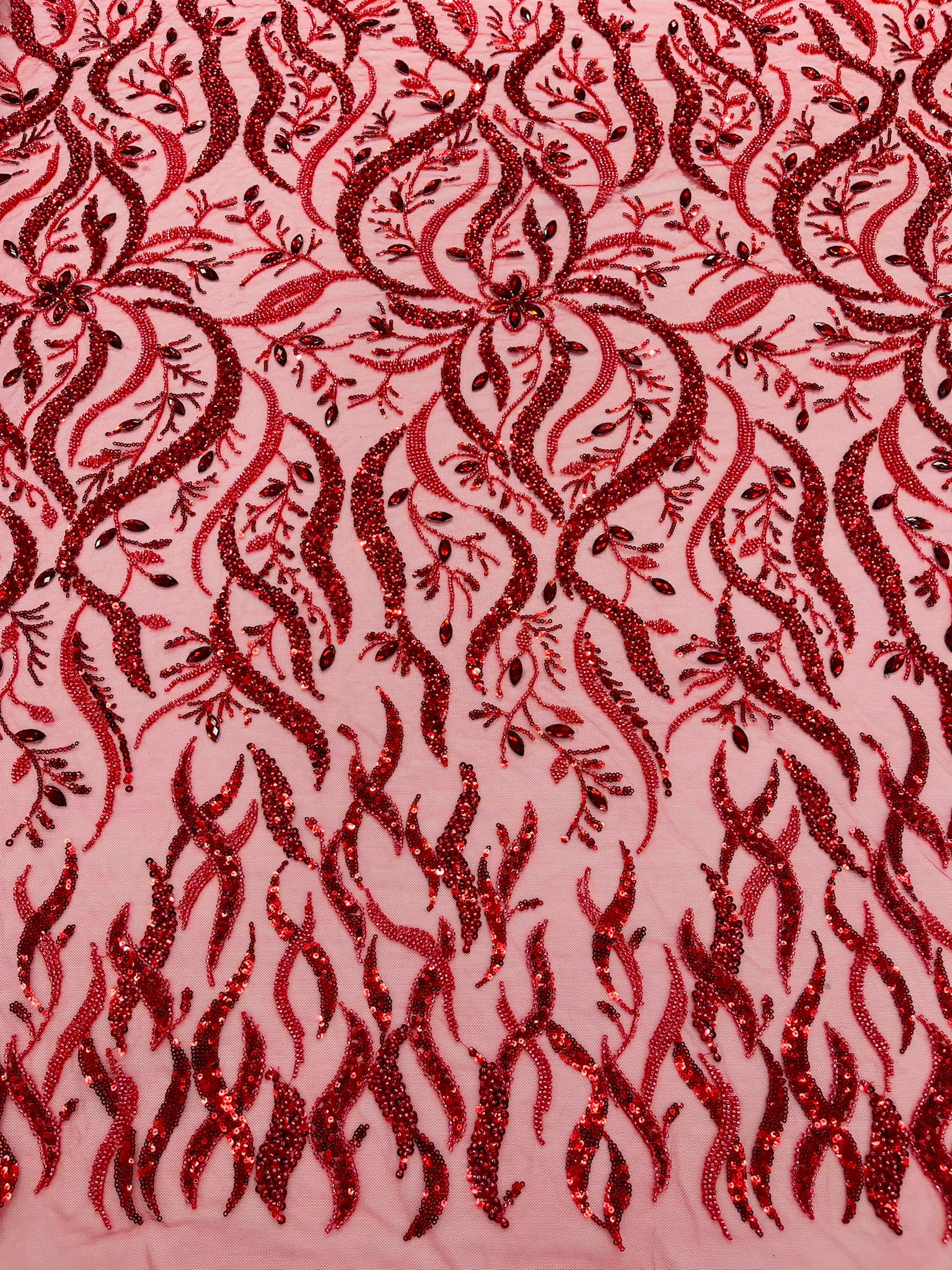 JEWEL VINE BEADED LACE ON MESH FABRIC (By The Yard) - New Creations Fabric & Foam Inc