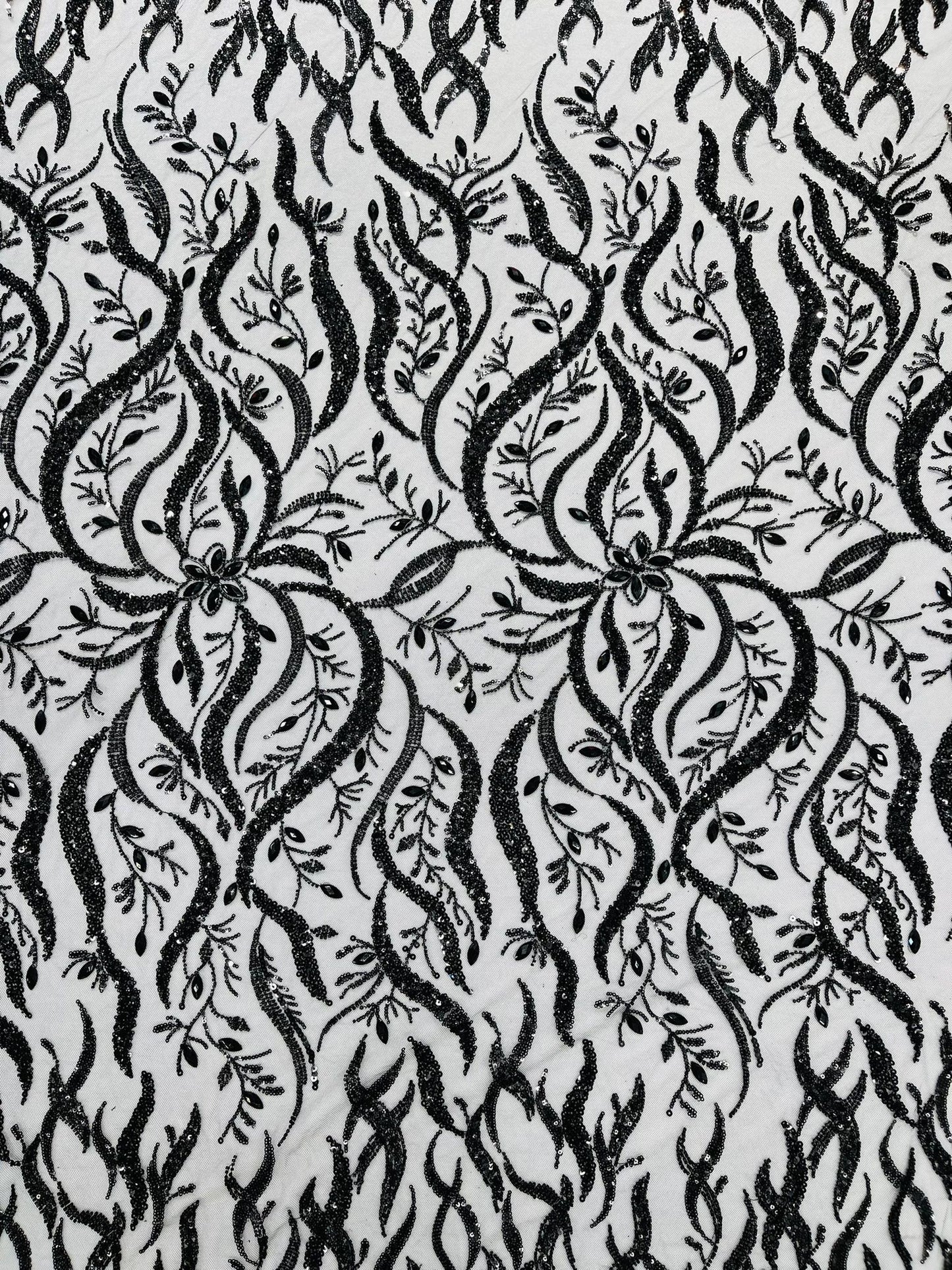 JEWEL VINE BEADED LACE ON MESH FABRIC (By The Yard) - New Creations Fabric & Foam Inc