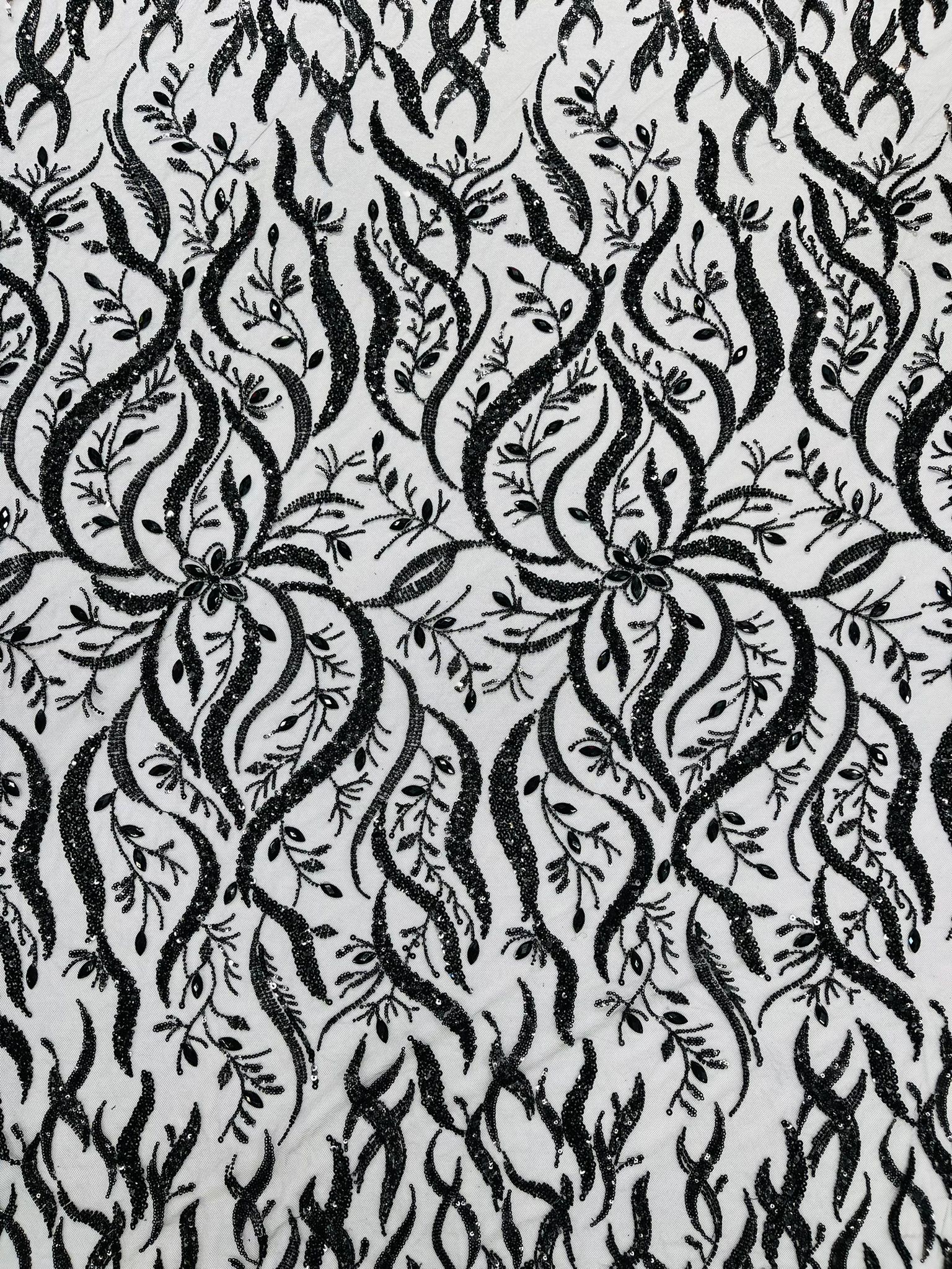 JEWEL VINE BEADED LACE ON MESH FABRIC (By The Yard) - New Creations Fabric & Foam Inc