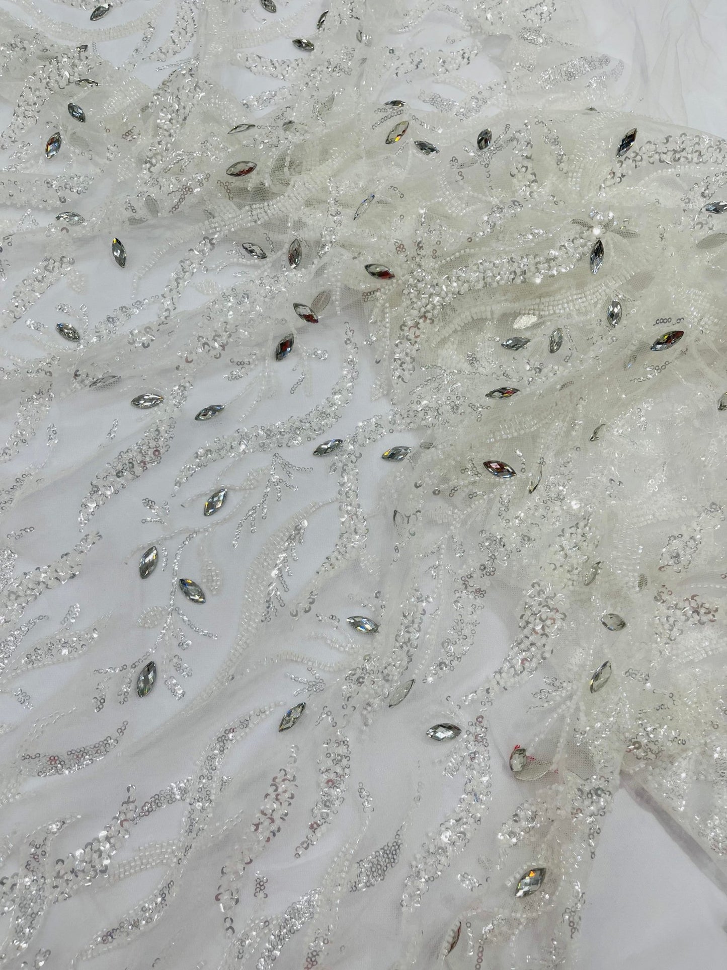 JEWEL VINE BEADED LACE ON MESH FABRIC (By The Yard) - New Creations Fabric & Foam Inc