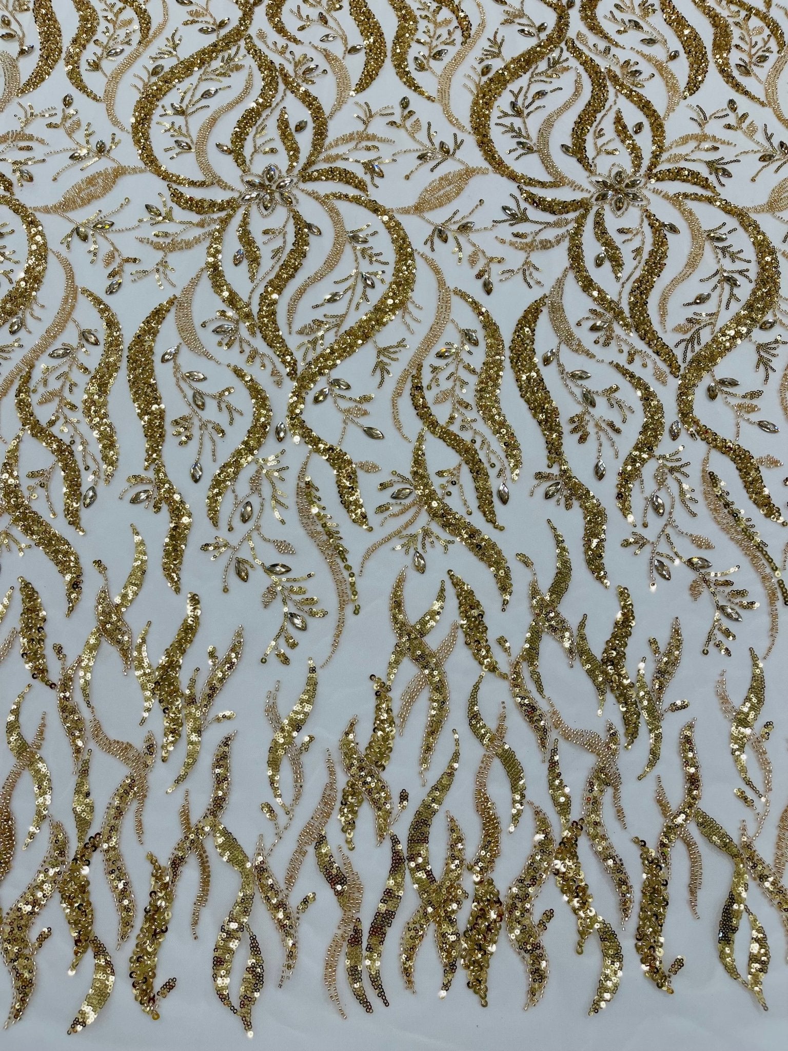 JEWEL VINE BEADED LACE ON MESH FABRIC (By The Yard) - New Creations Fabric & Foam Inc