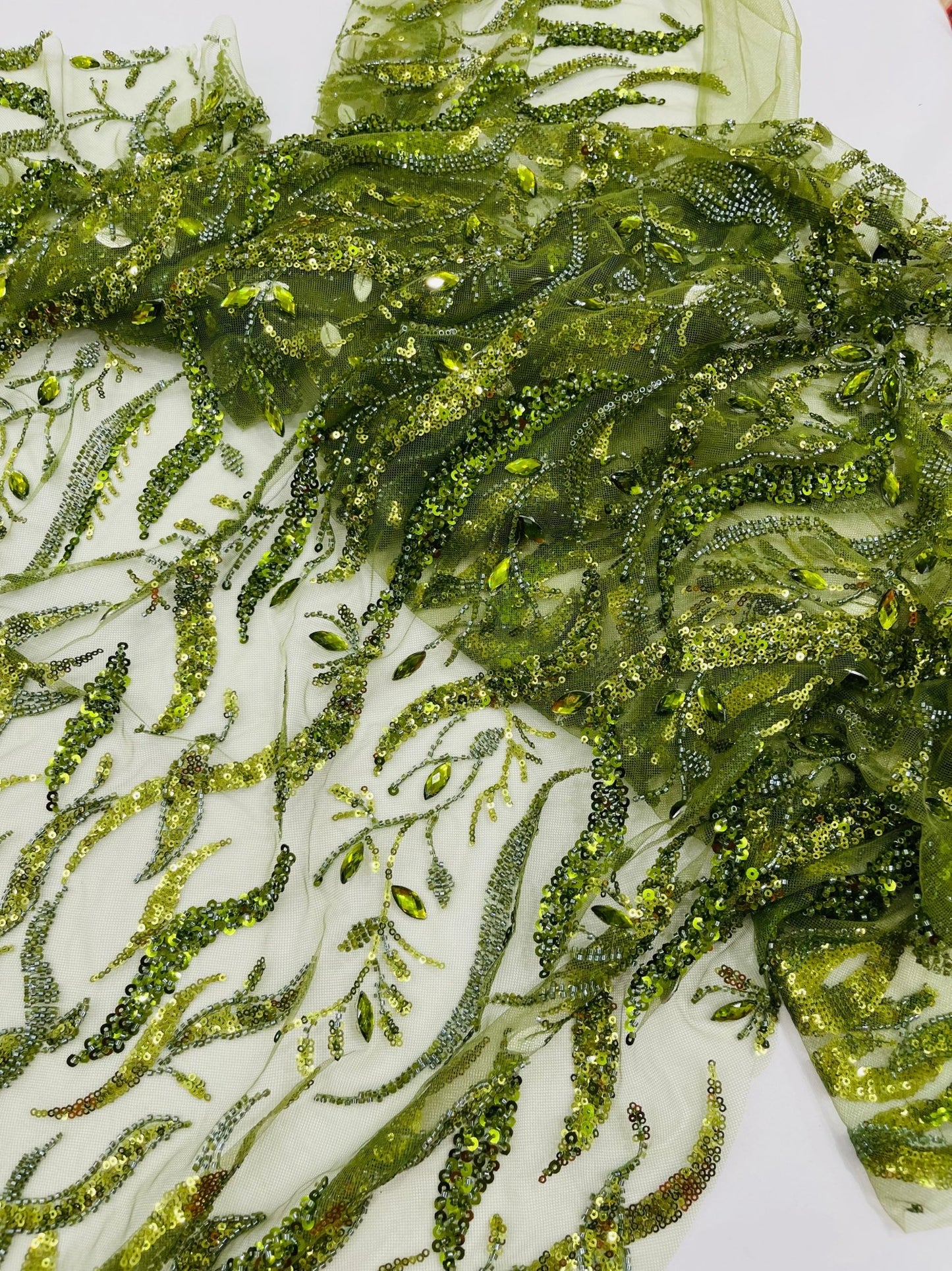 JEWEL VINE BEADED LACE ON MESH FABRIC (By The Yard) - New Creations Fabric & Foam Inc