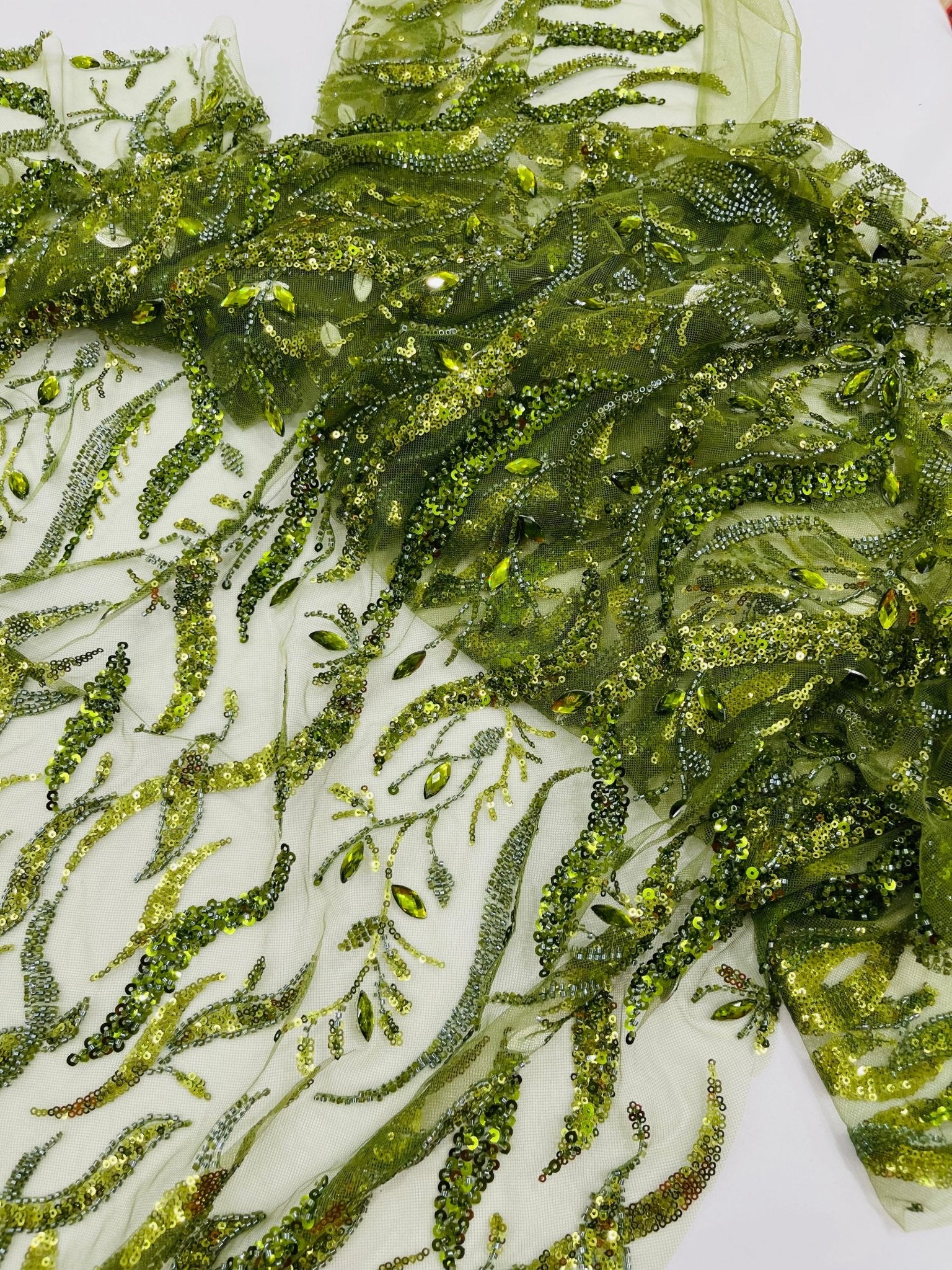 JEWEL VINE BEADED LACE ON MESH FABRIC (By The Yard) - New Creations Fabric & Foam Inc