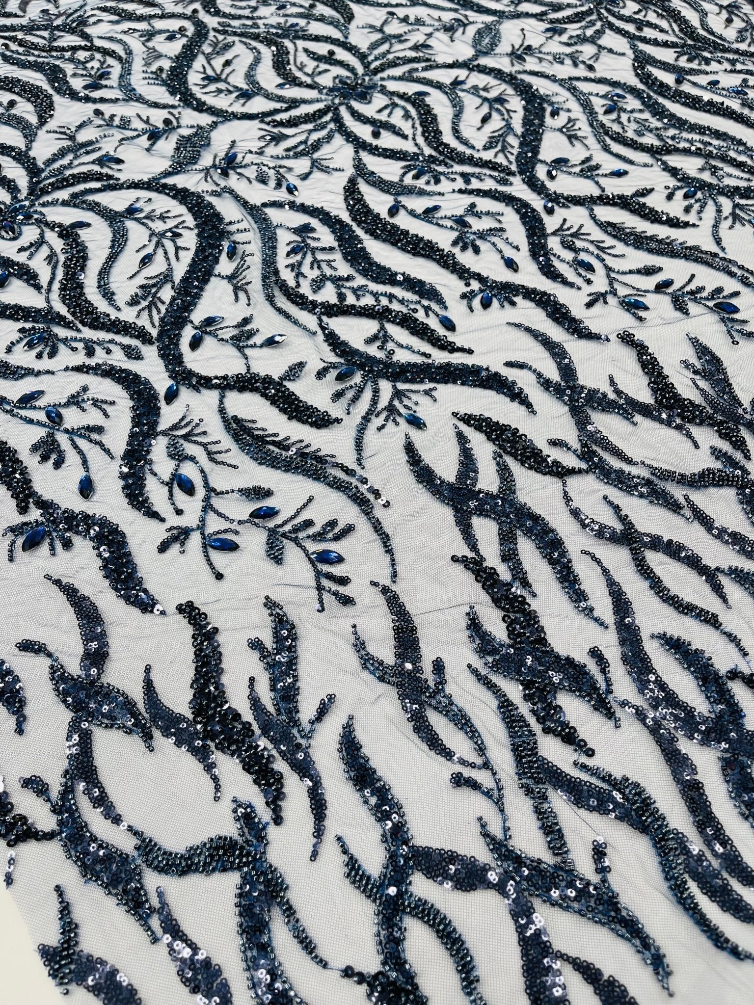 JEWEL VINE BEADED LACE ON MESH FABRIC (By The Yard) - New Creations Fabric & Foam Inc