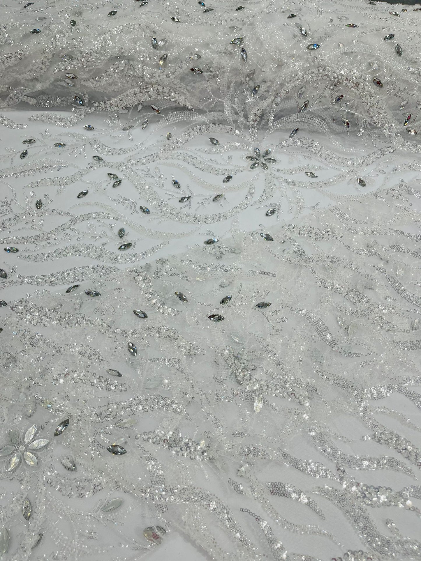 JEWEL VINE BEADED LACE ON MESH FABRIC (By The Yard) - New Creations Fabric & Foam Inc