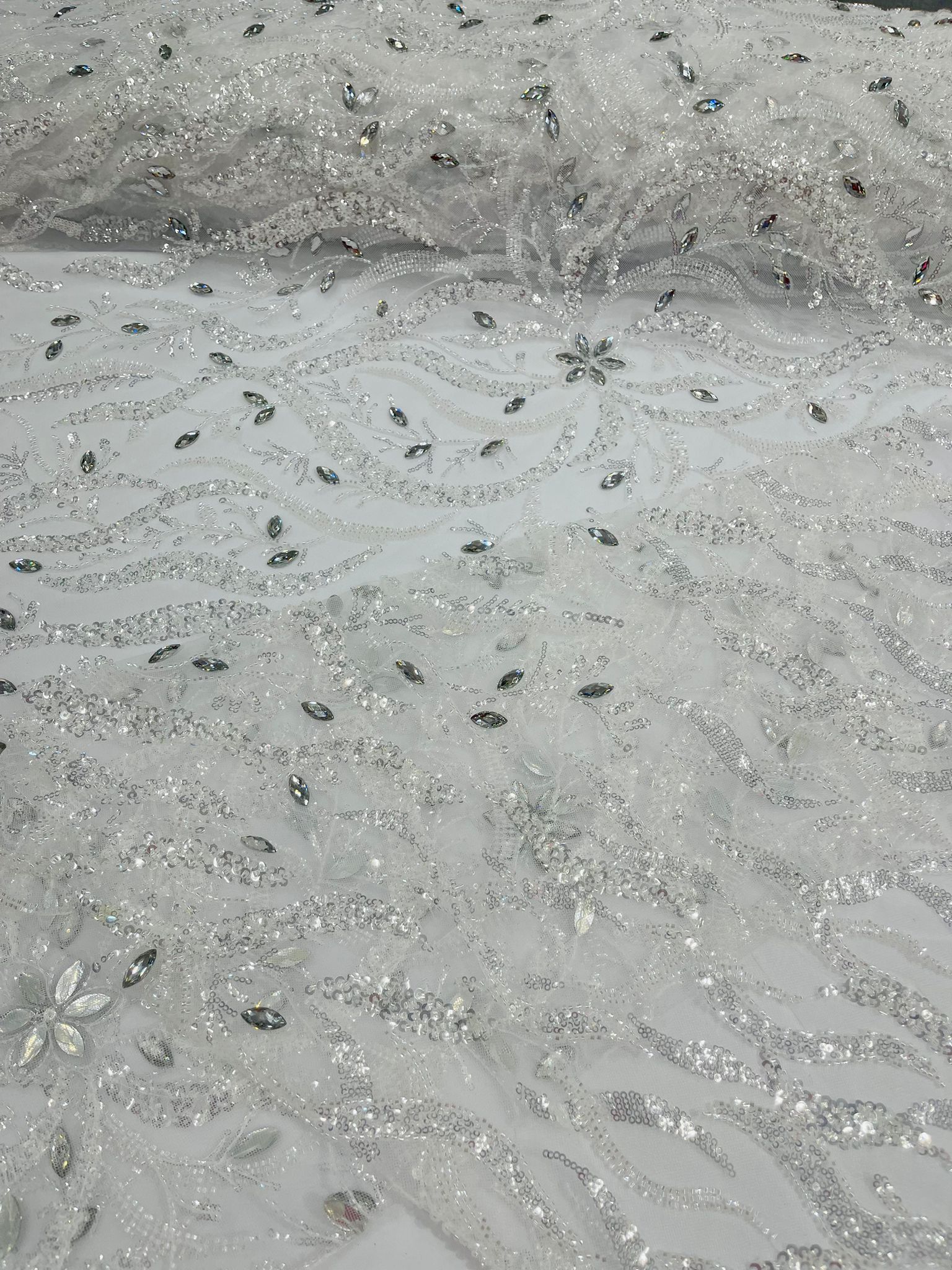 JEWEL VINE BEADED LACE ON MESH FABRIC (By The Yard) - New Creations Fabric & Foam Inc