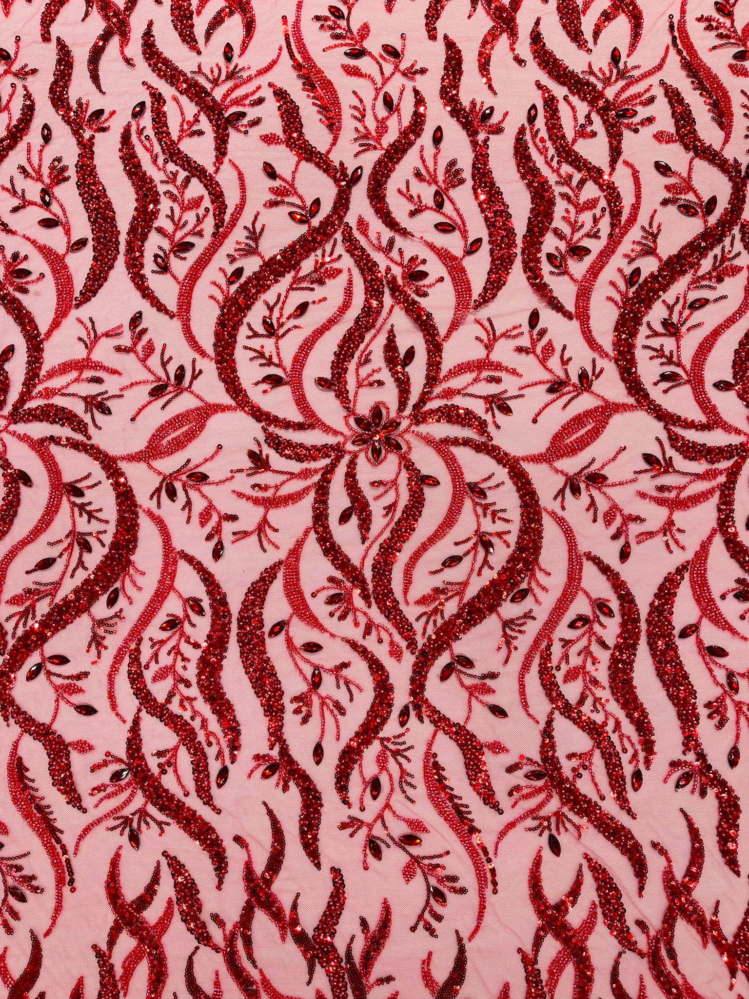 JEWEL VINE BEADED LACE ON MESH FABRIC (By The Yard) - New Creations Fabric & Foam Inc